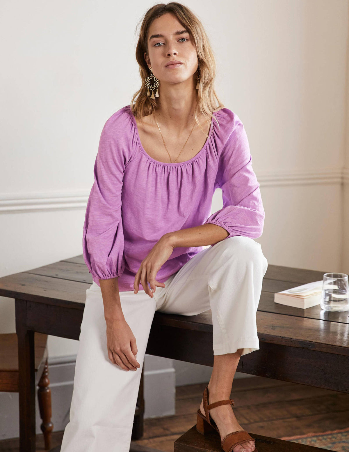 Blouson Sleeve Cotton Top-African Violet - Image 4