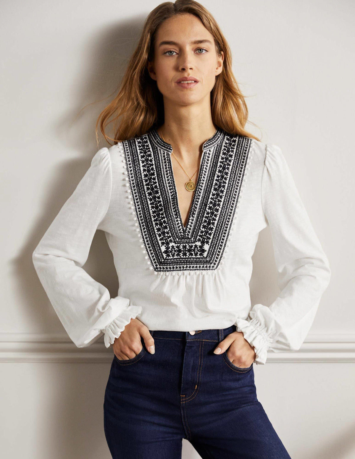 Embroidered Notch Neck Top-White, Embroidered-6