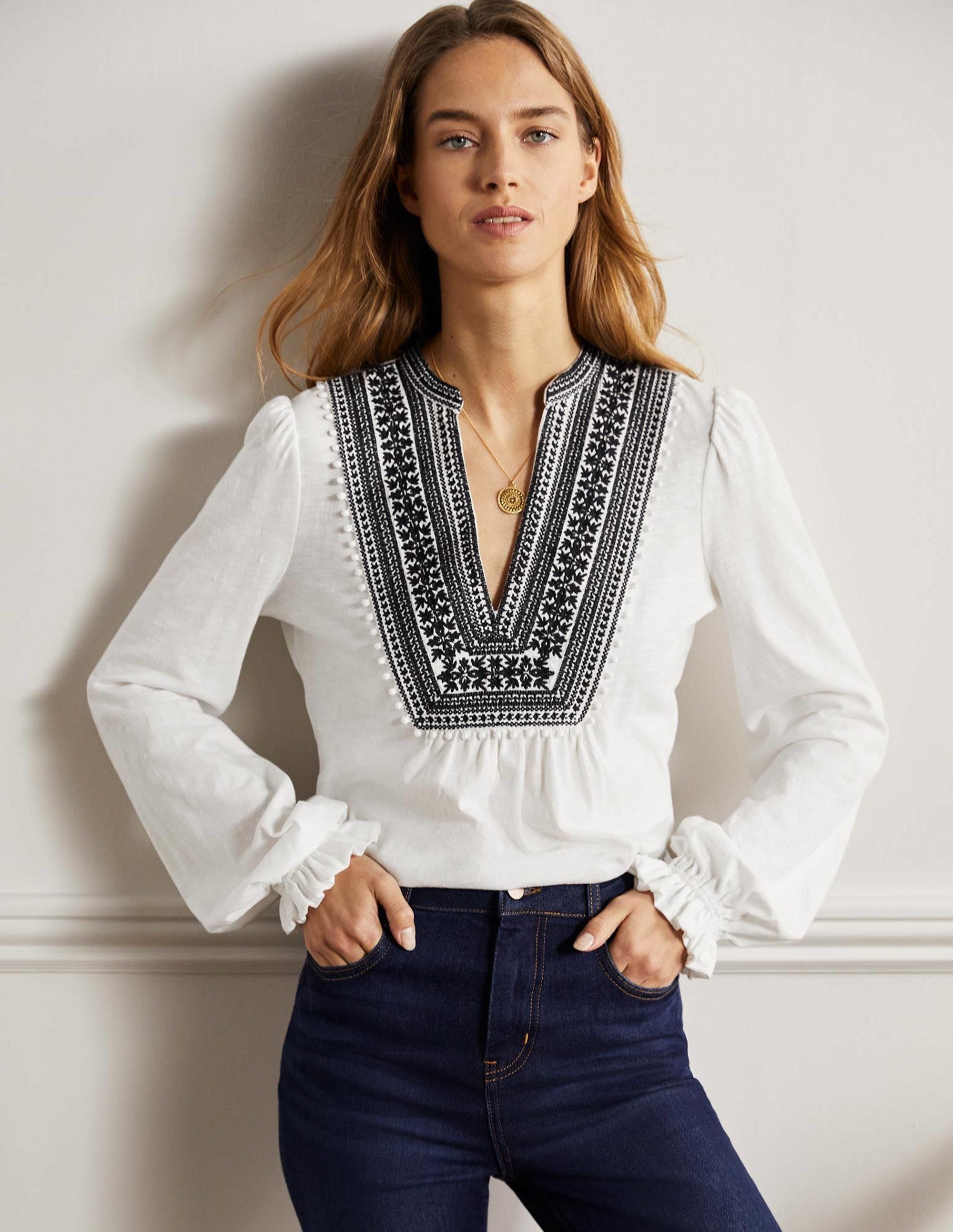 Embroidered Notch Neck Top-White, Embroidered - Image 6