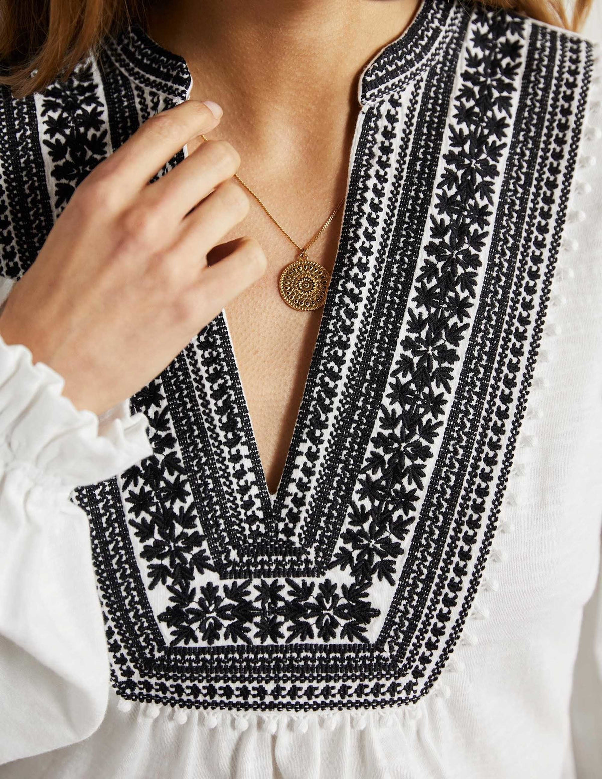 Embroidered Notch Neck Top-White, Embroidered - Image 7