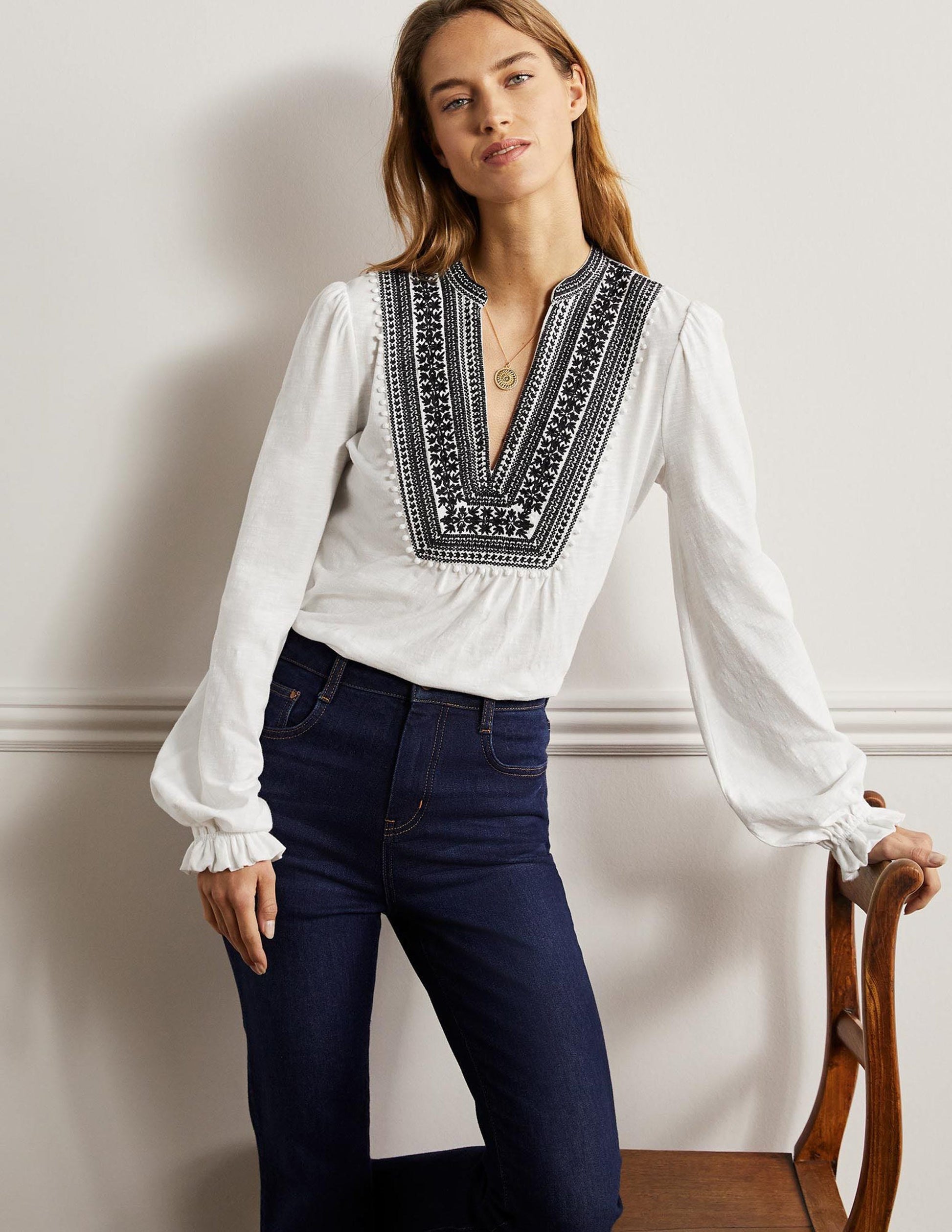 Embroidered Notch Neck Top-White, Embroidered-9