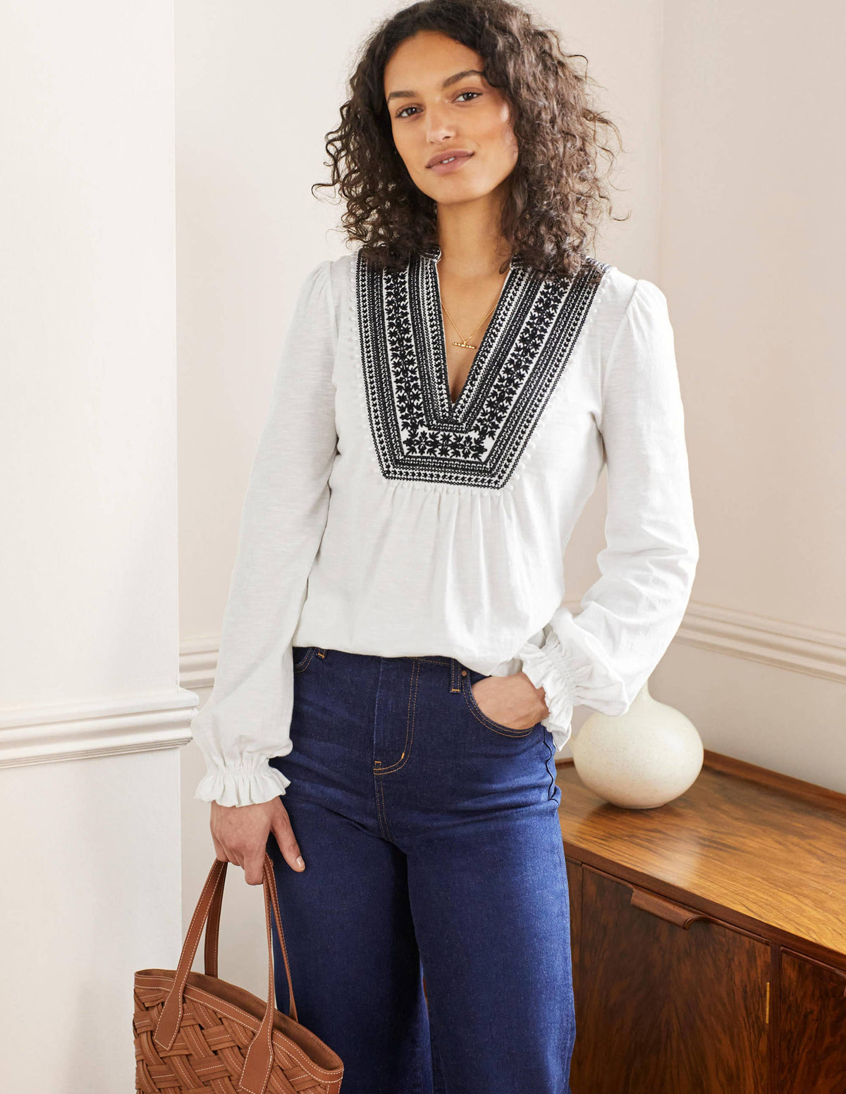 Embroidered Notch Neck Top-White, Embroidered - Image 1