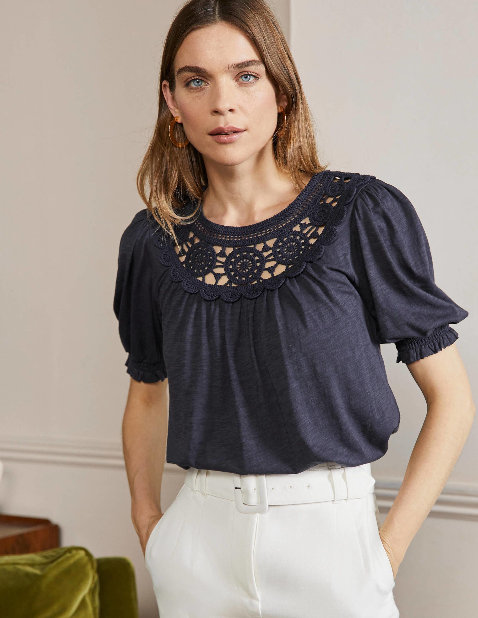 Anais Crochet Puff Sleeve Top-Navy - Image 1