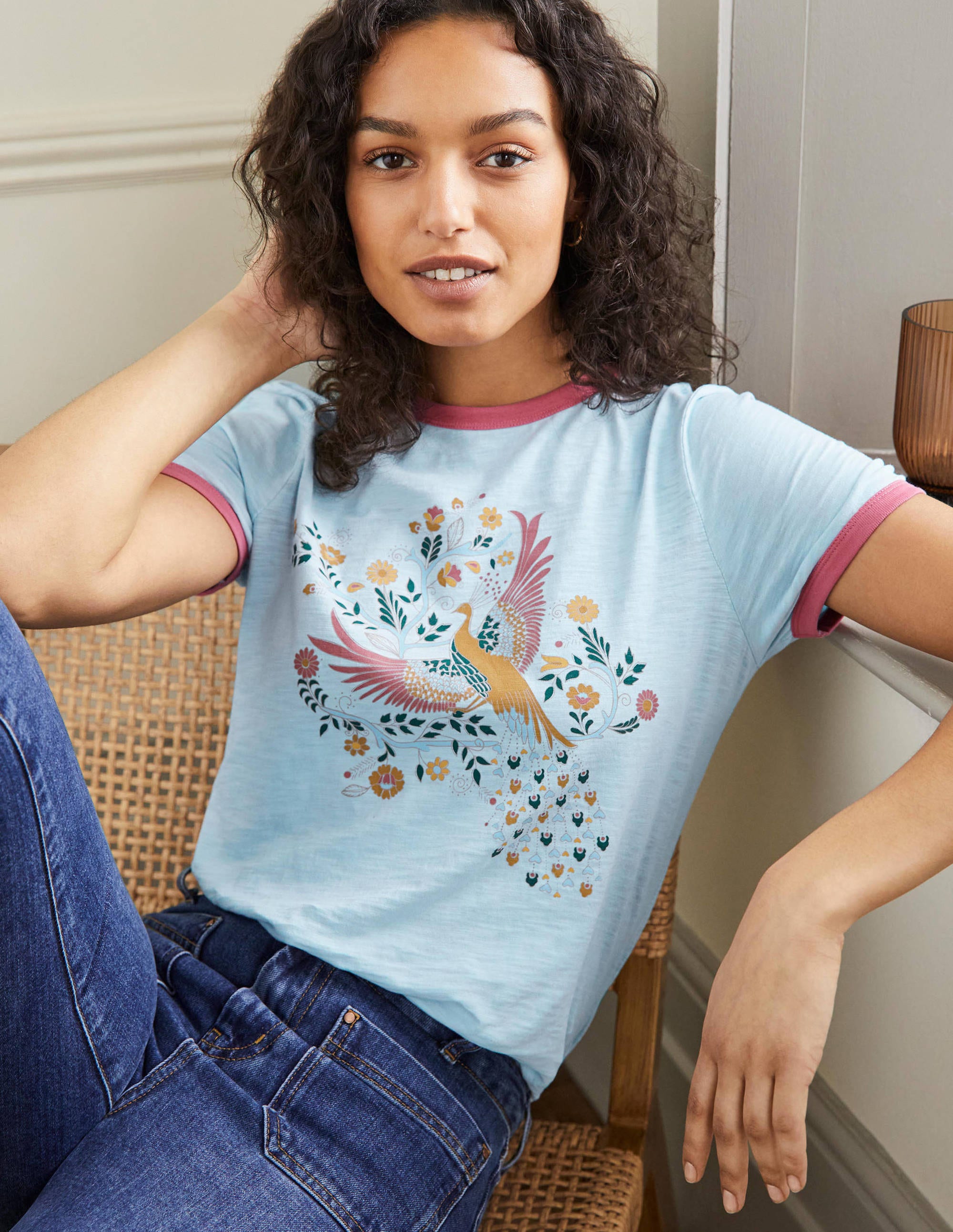 Contrast Rib Cotton T-Shirt-Blue, Enchanting Peacock - Image 1