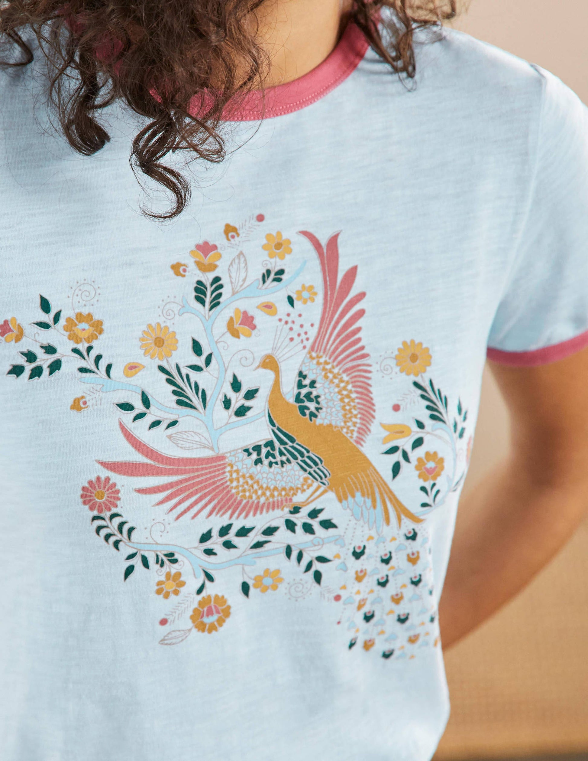 Contrast Rib Cotton T-Shirt-Blue, Enchanting Peacock-2