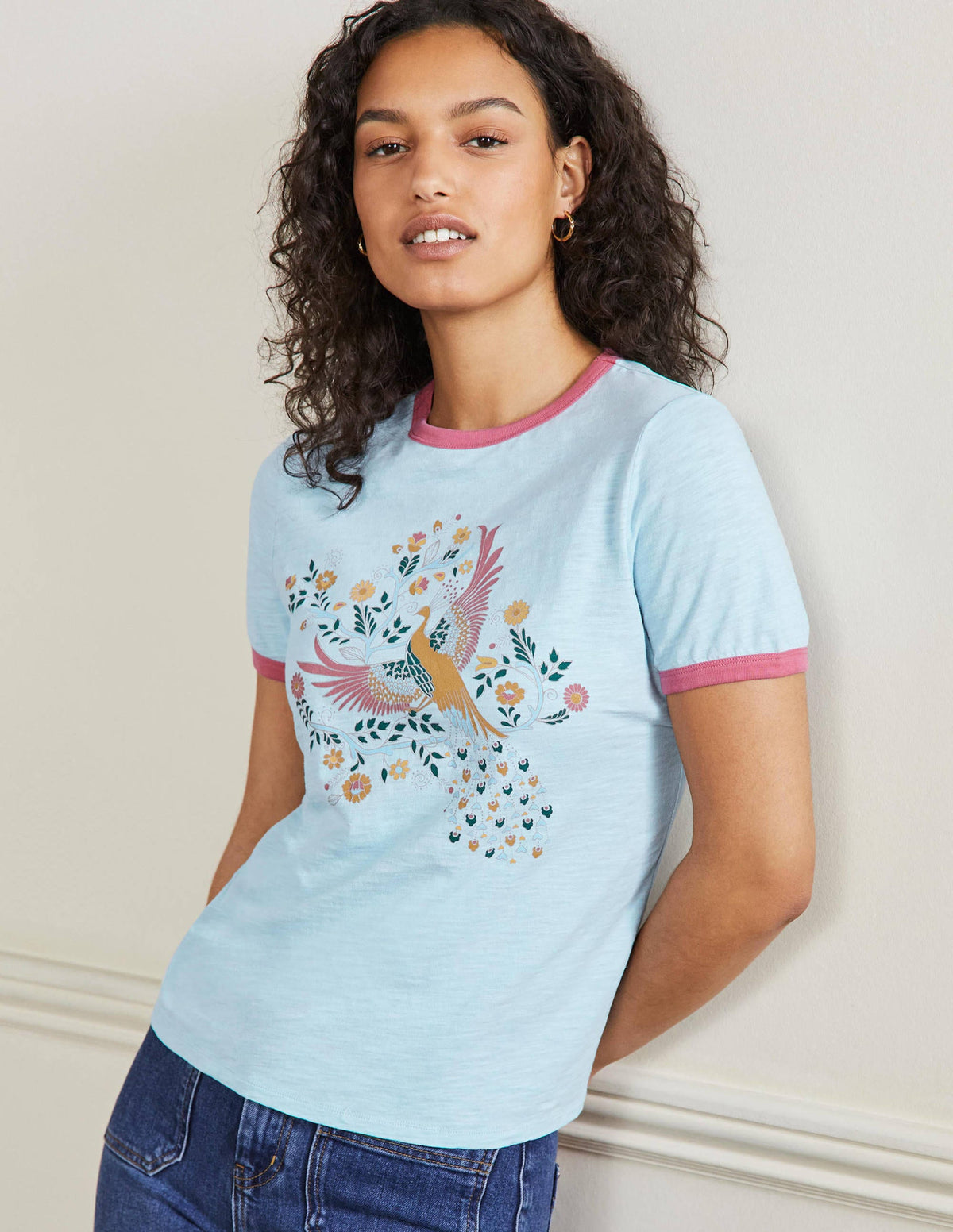 Contrast Rib Cotton T-Shirt-Blue, Enchanting Peacock - Image 4