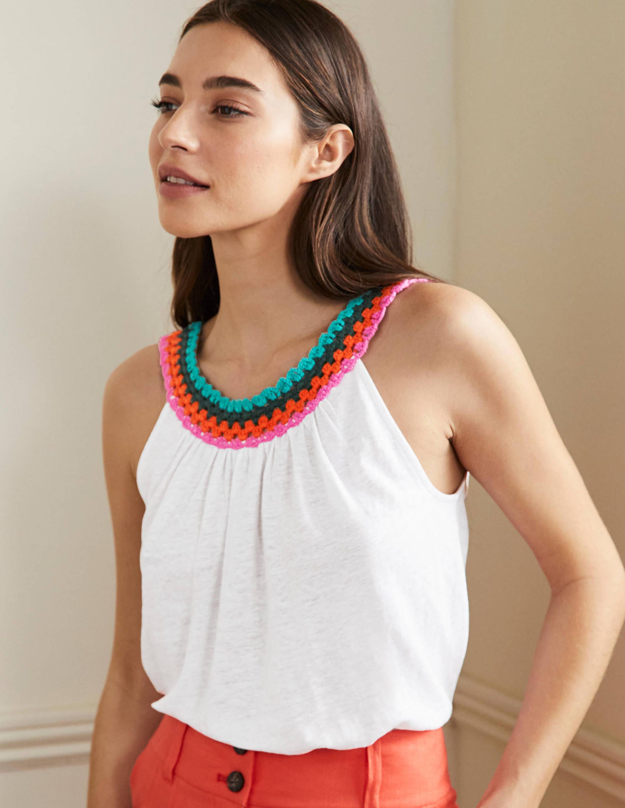 Crochet Trim Scoop Jersey Top-White - Image 1