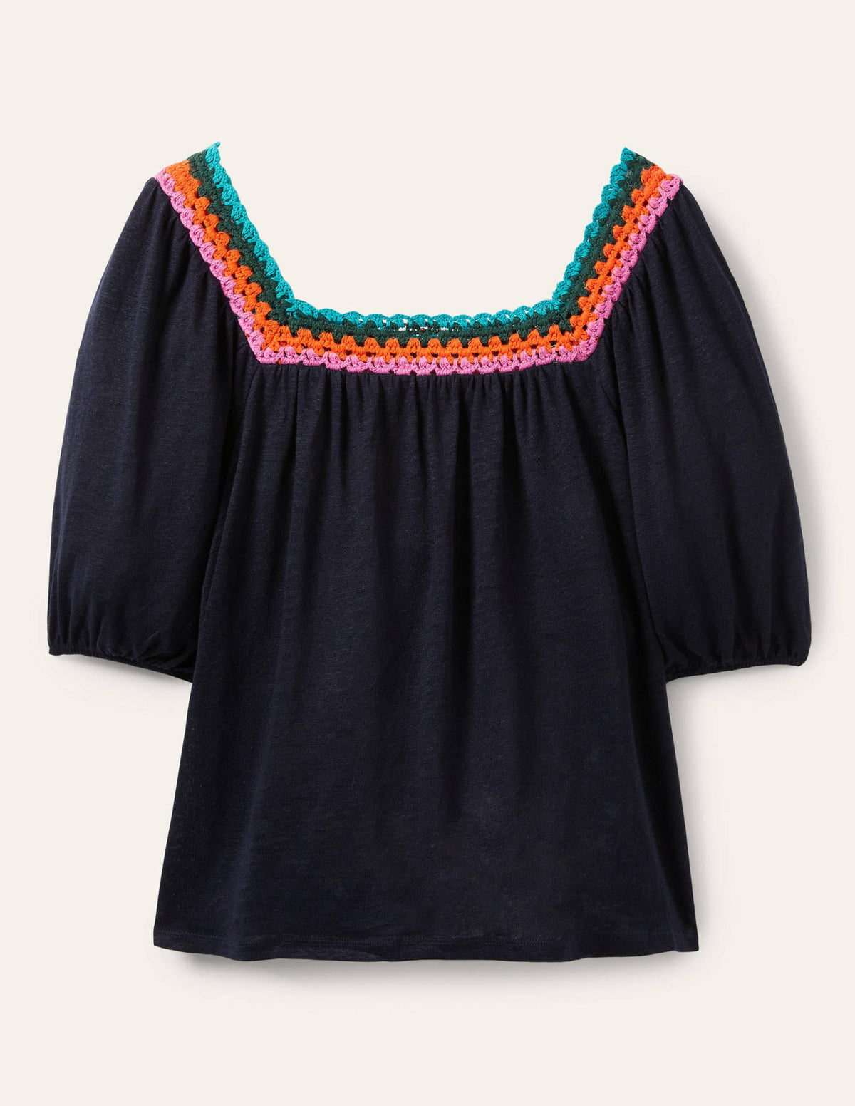 Crochet Trim Puff Sleeve Top-Navy-5