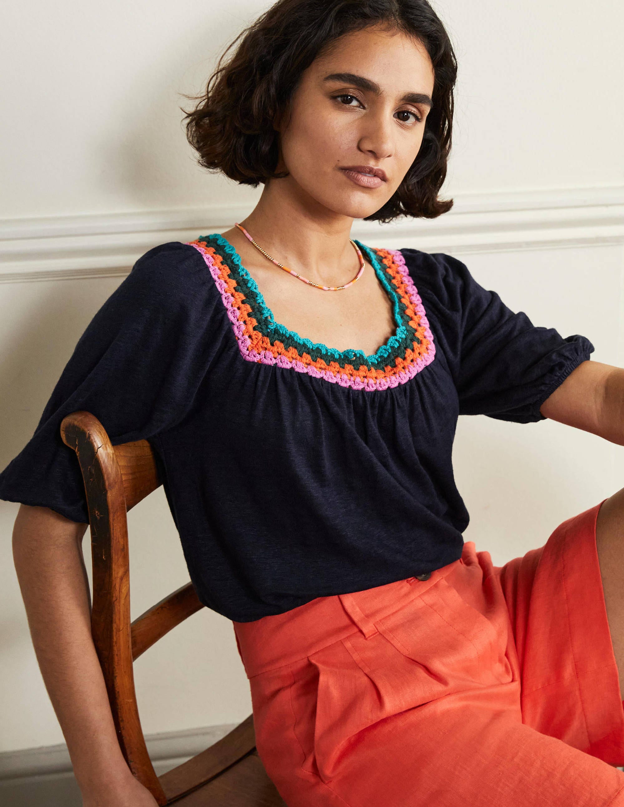 Crochet Trim Puff Sleeve Top-Navy - Image 1