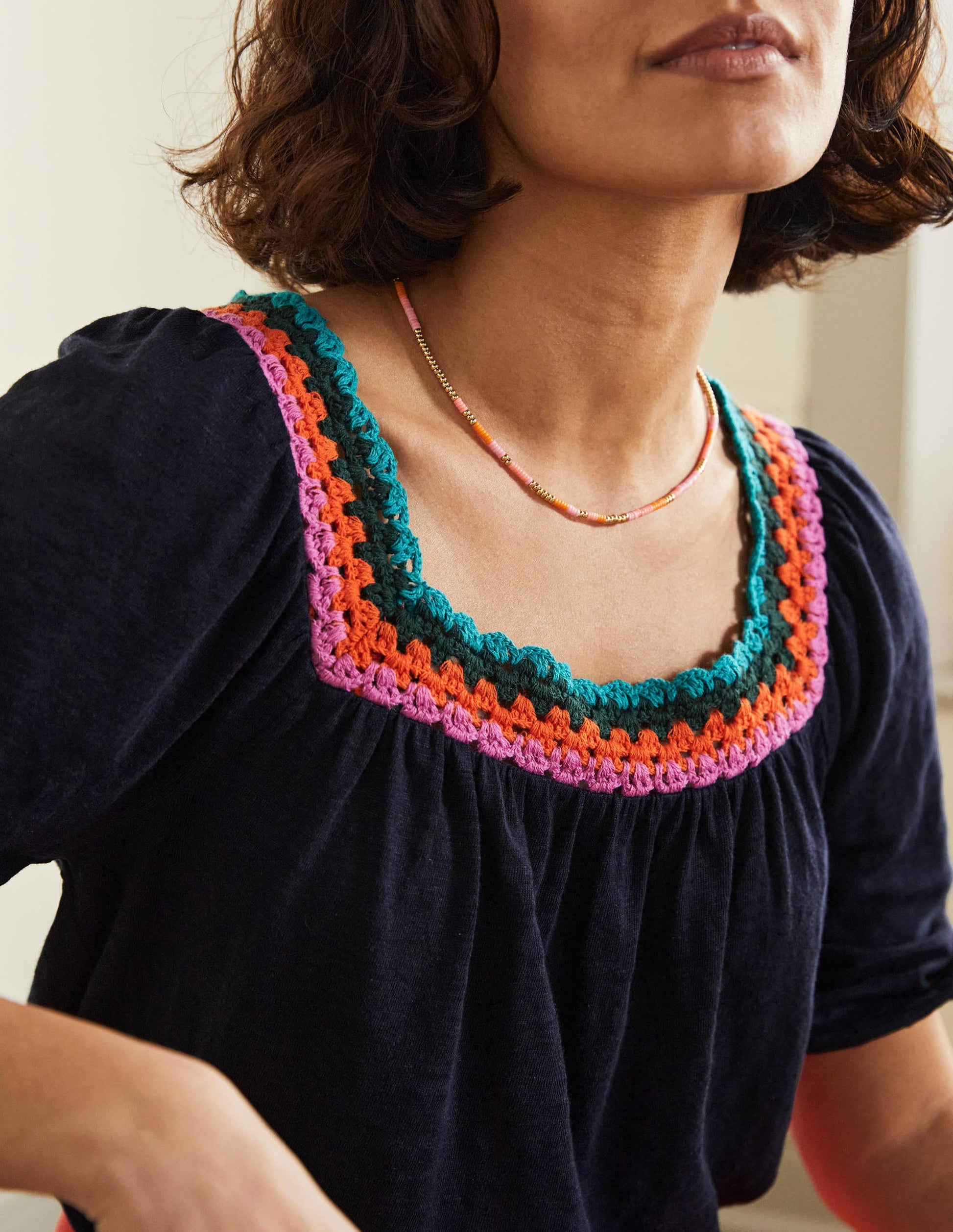 Crochet Trim Puff Sleeve Top-Navy-2