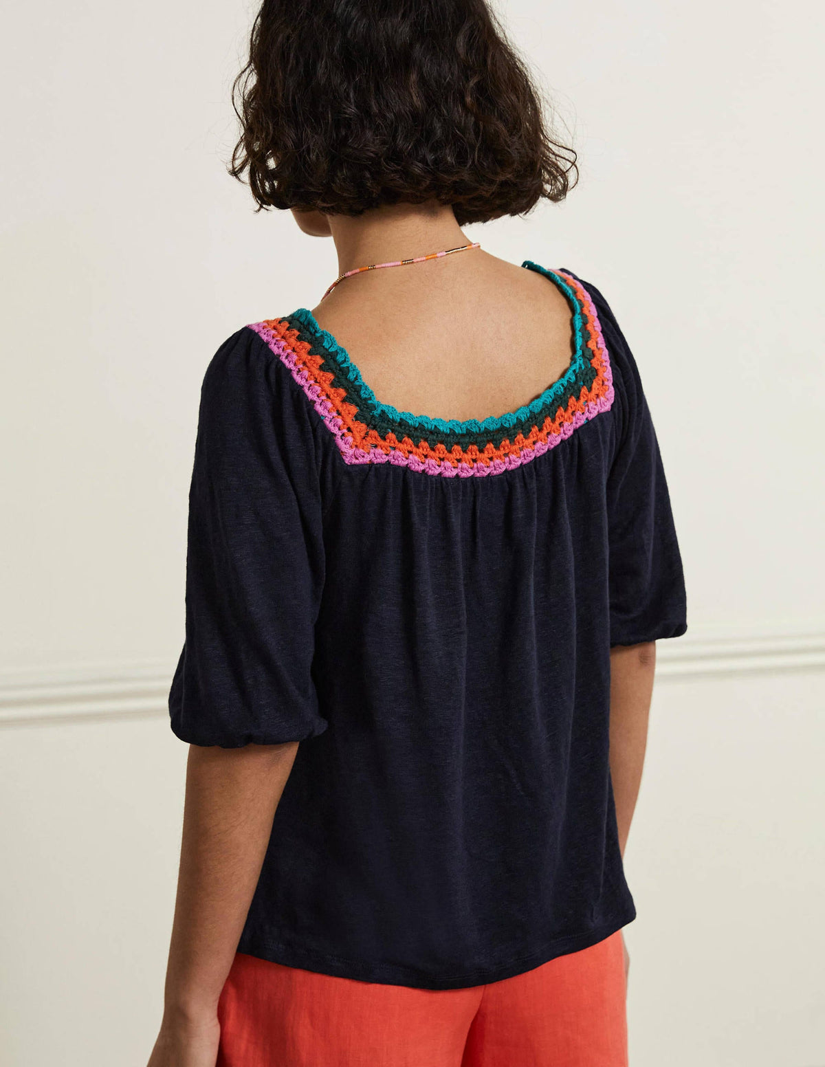 Crochet Trim Puff Sleeve Top-Navy-3