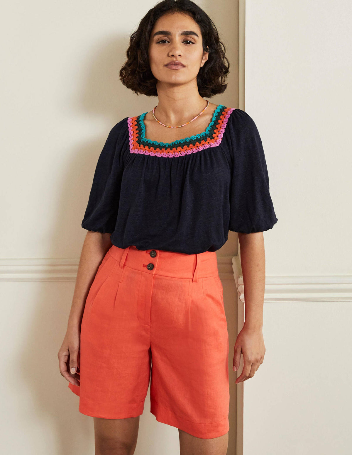 Crochet Trim Puff Sleeve Top-Navy - Image 4