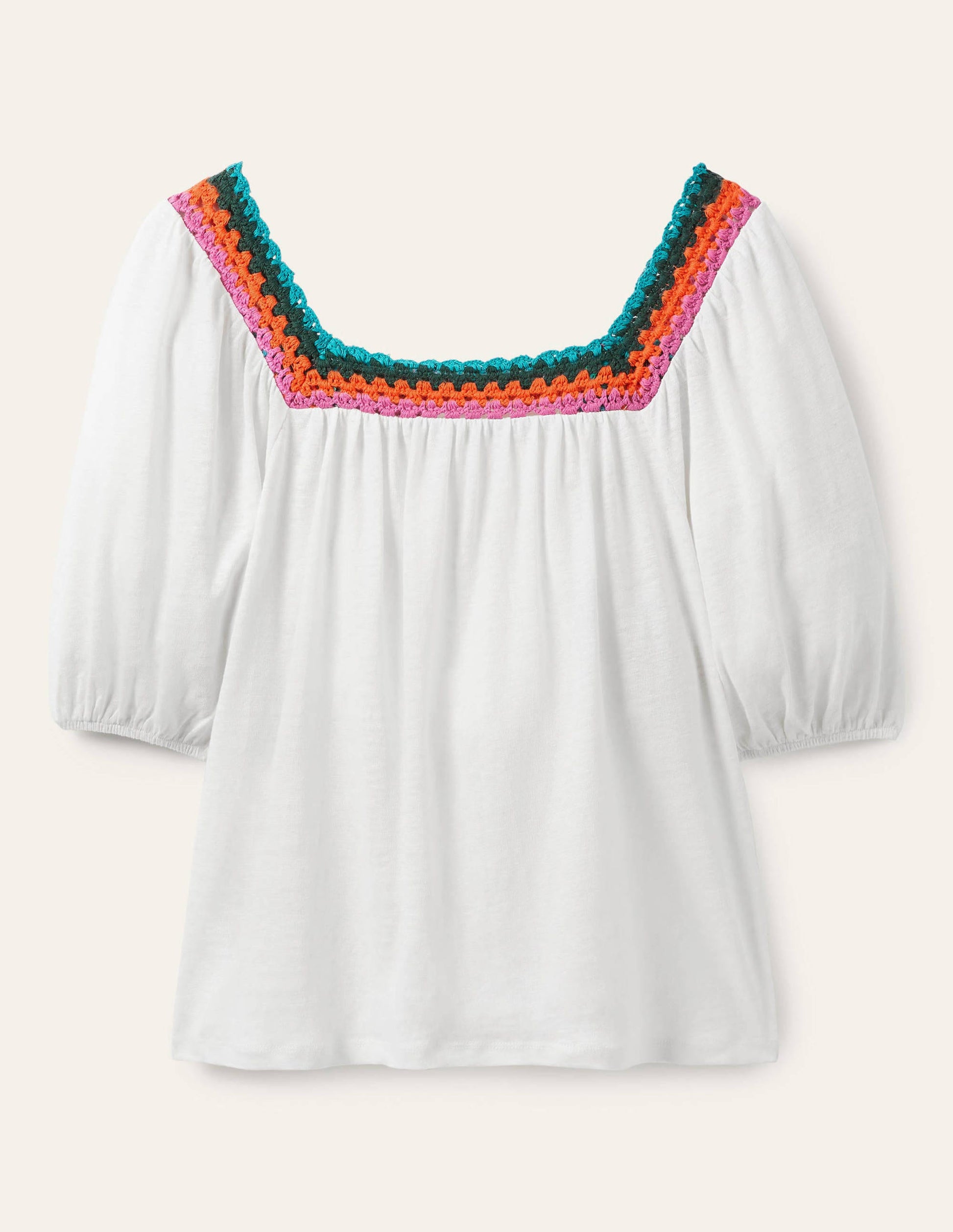 Crochet Trim Puff Sleeve Top-White-5