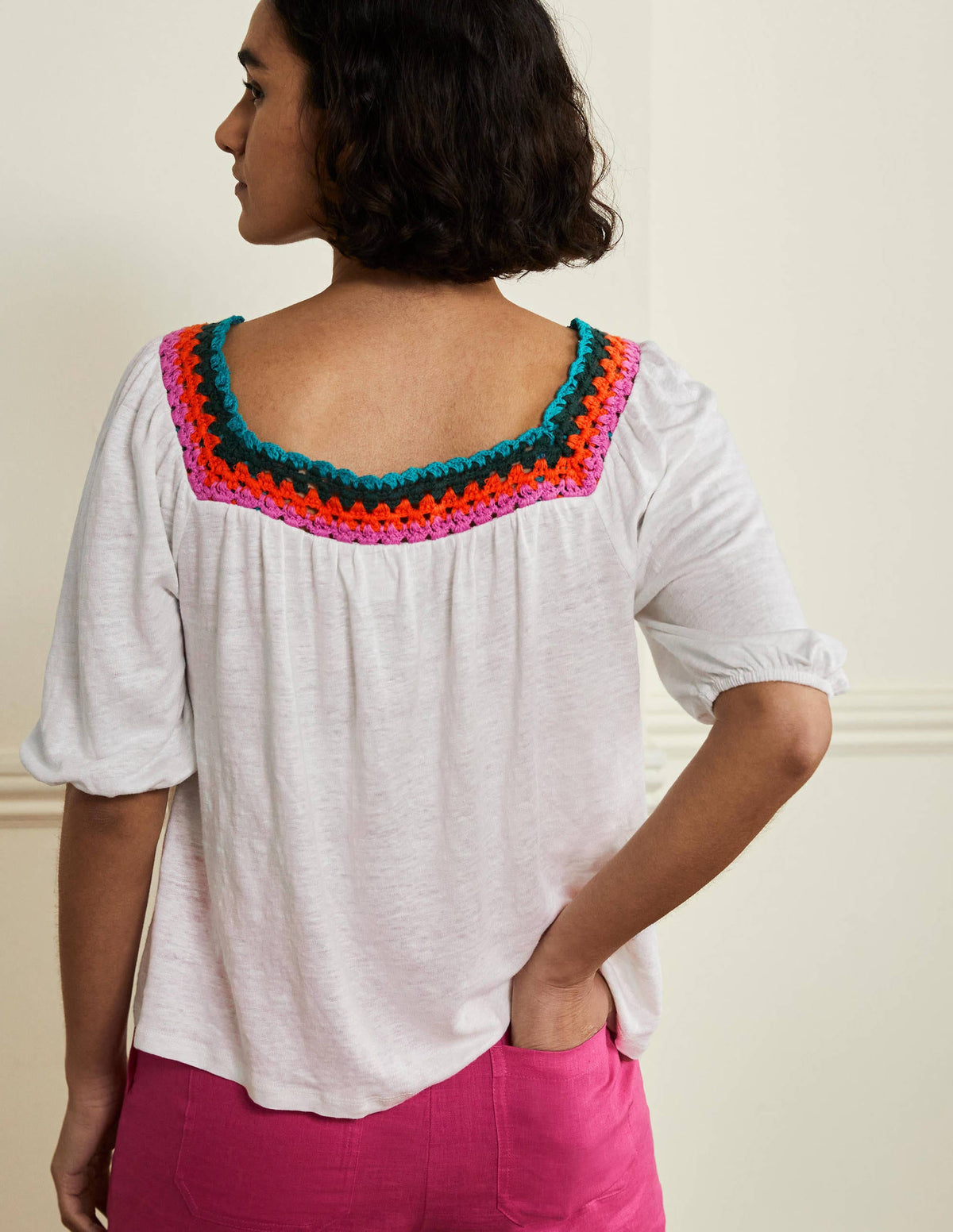Crochet Trim Puff Sleeve Top-White - Image 3