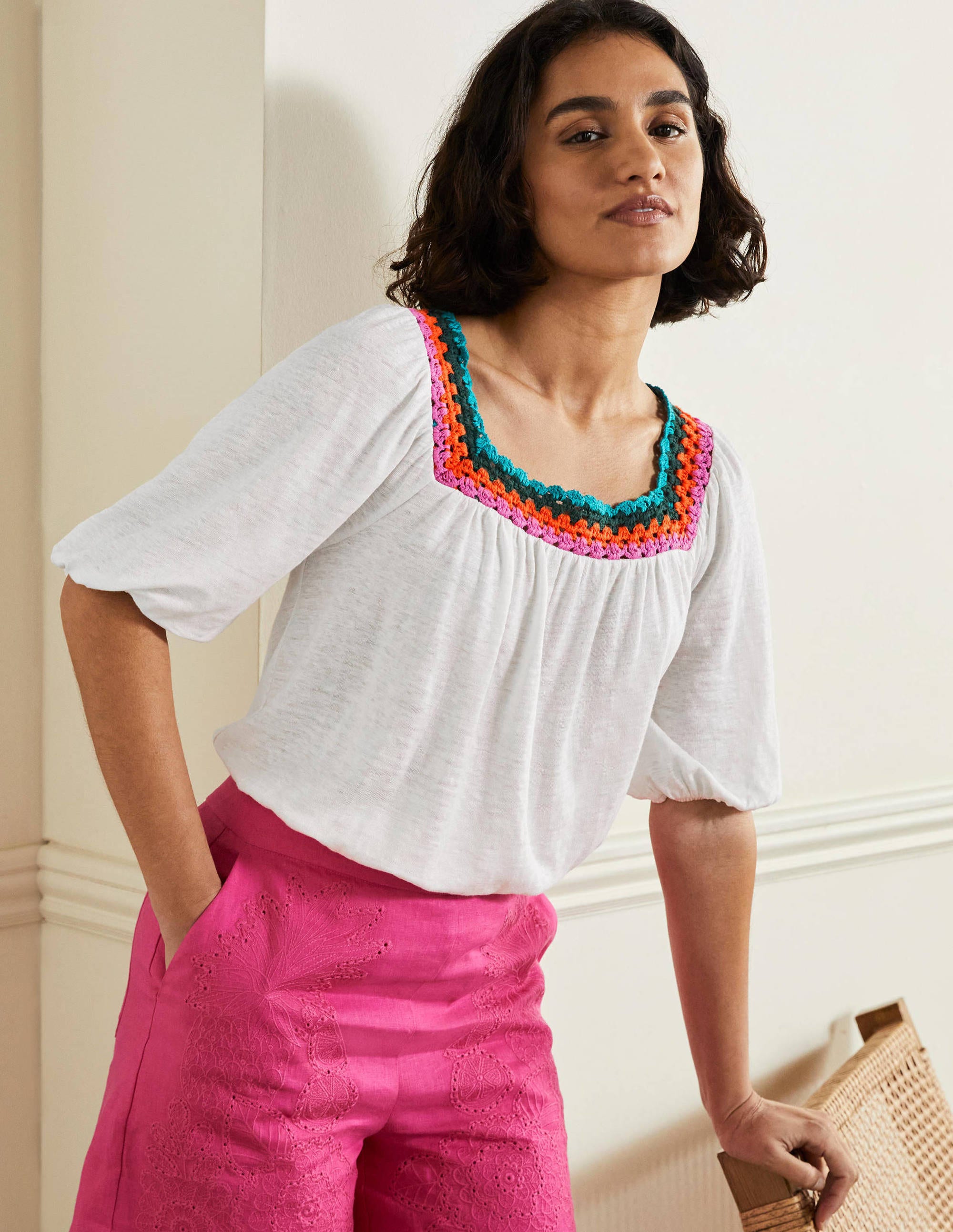 Crochet Trim Puff Sleeve Top-White - Image 4