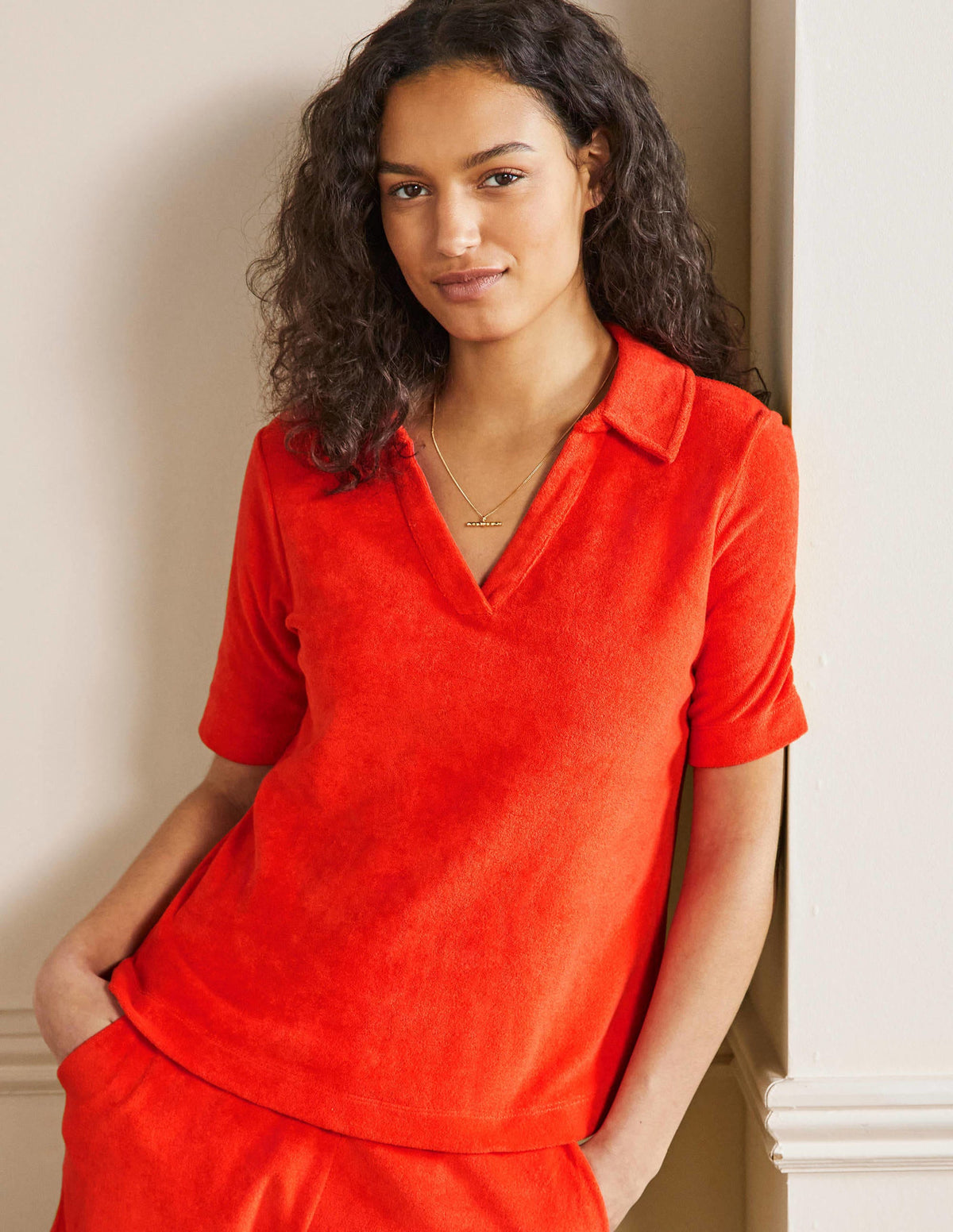 Erica Towelling Polo Top-Bright Papaya-1