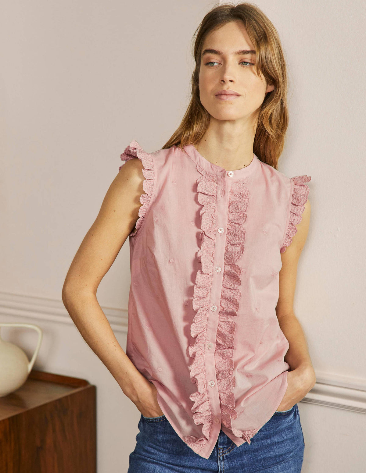 Sleeveless Embroidered Shirt-Milkshake - Image 1