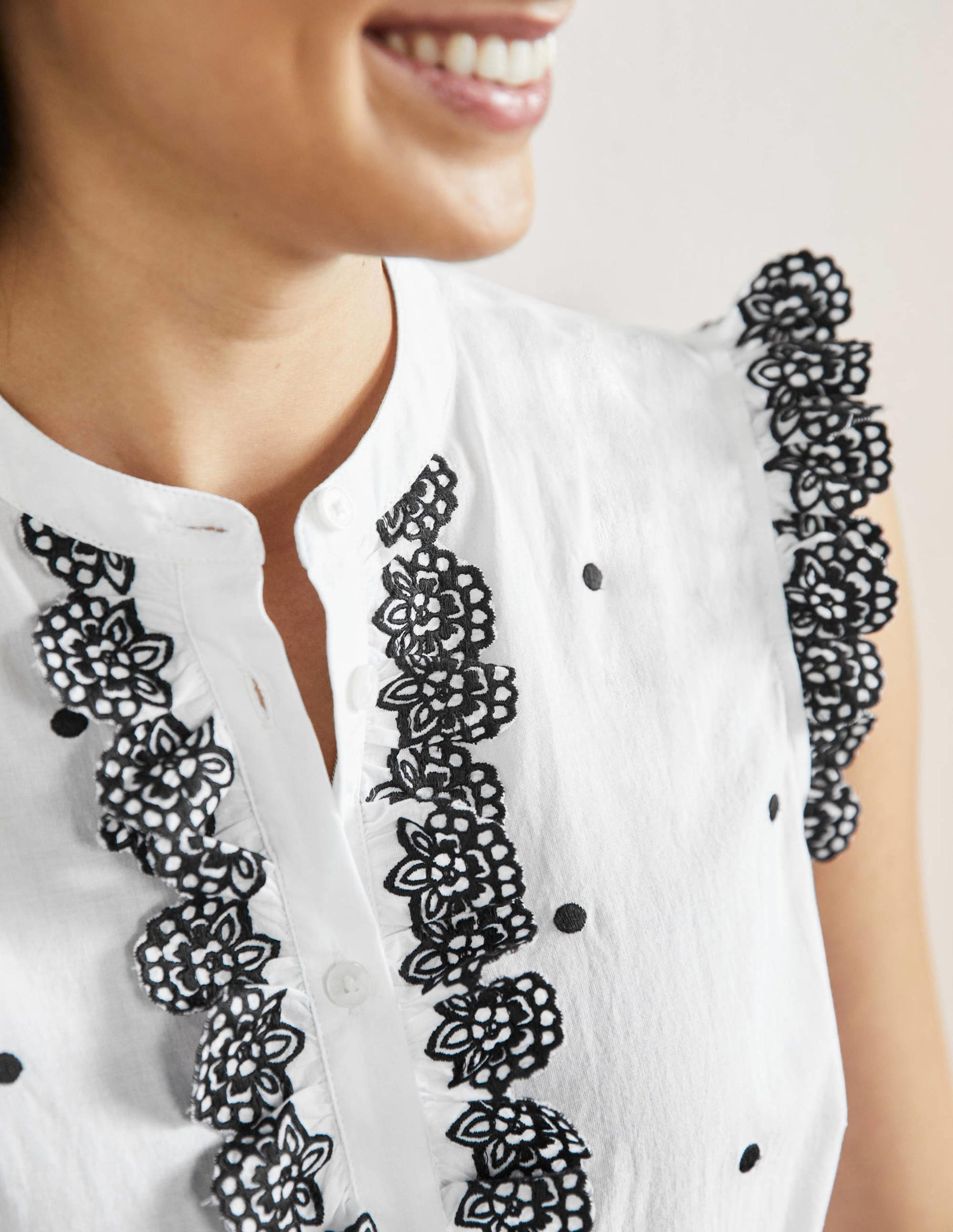 Sleeveless Embroidered Shirt-White, Black Broderie-2