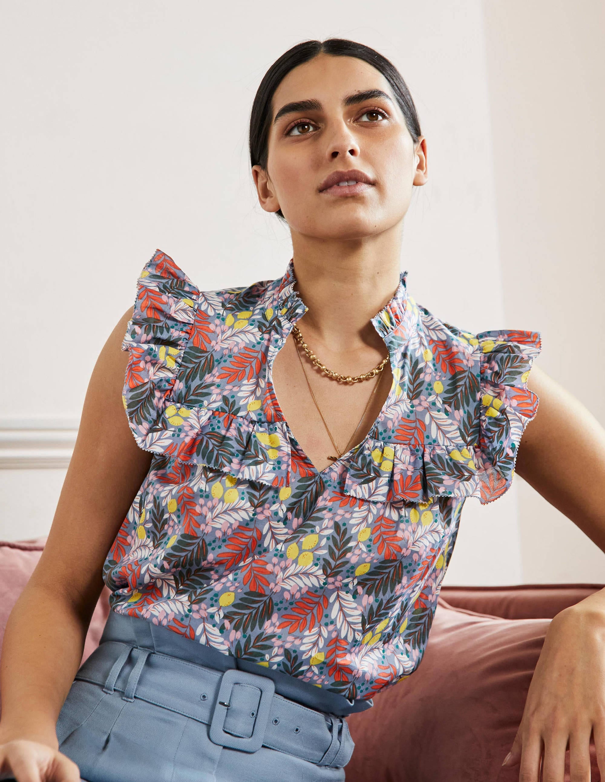 Sleeveless Ruffle Top-Mountain Spring, Lemon Foliage - Image 1