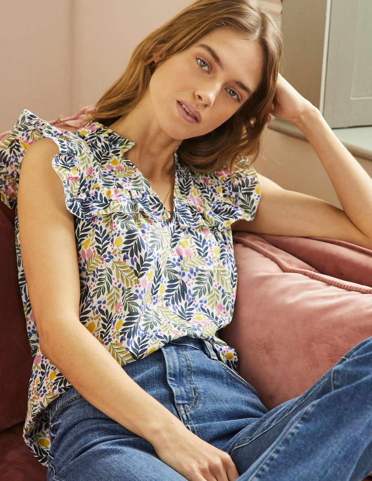 Sleeveless Ruffle Top-Multi, Lemon Foliage - Image 1