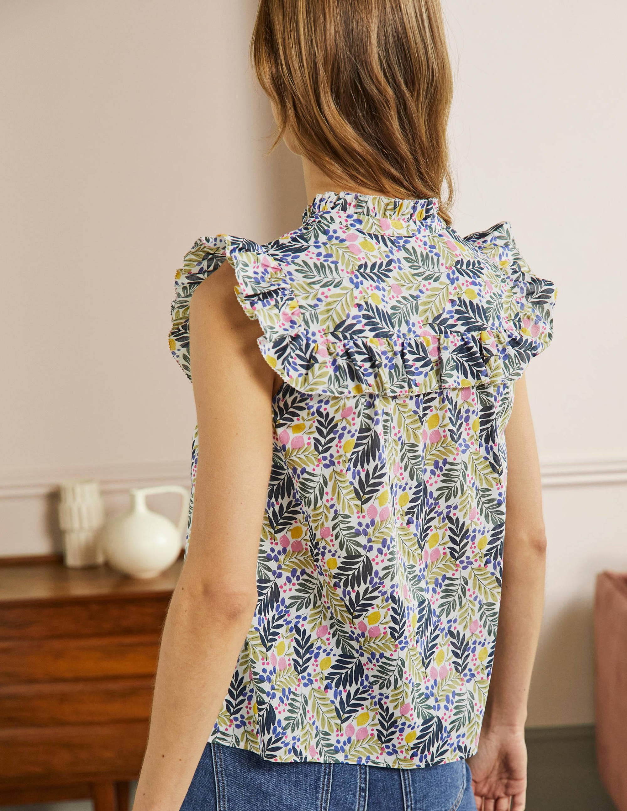 Sleeveless Ruffle Top-Multi, Lemon Foliage - Image 3
