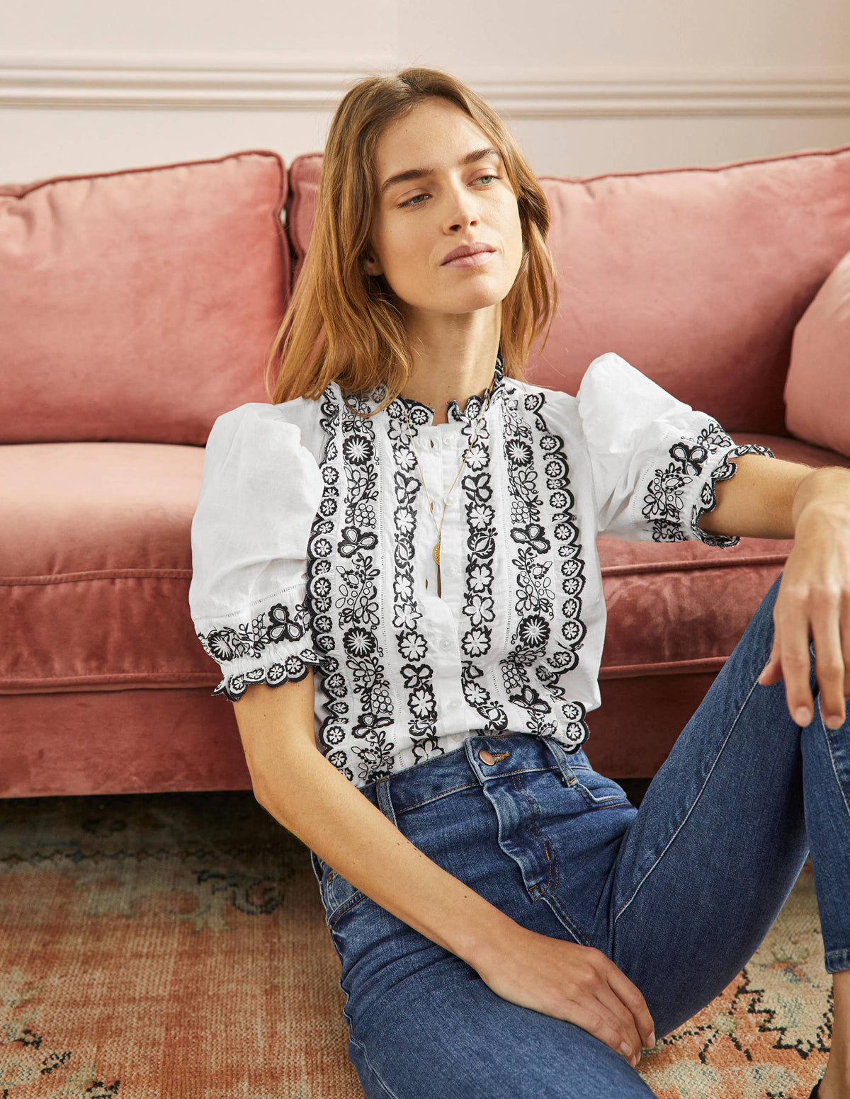 Embroidered Short Sleeve Shirt-White - Image 1