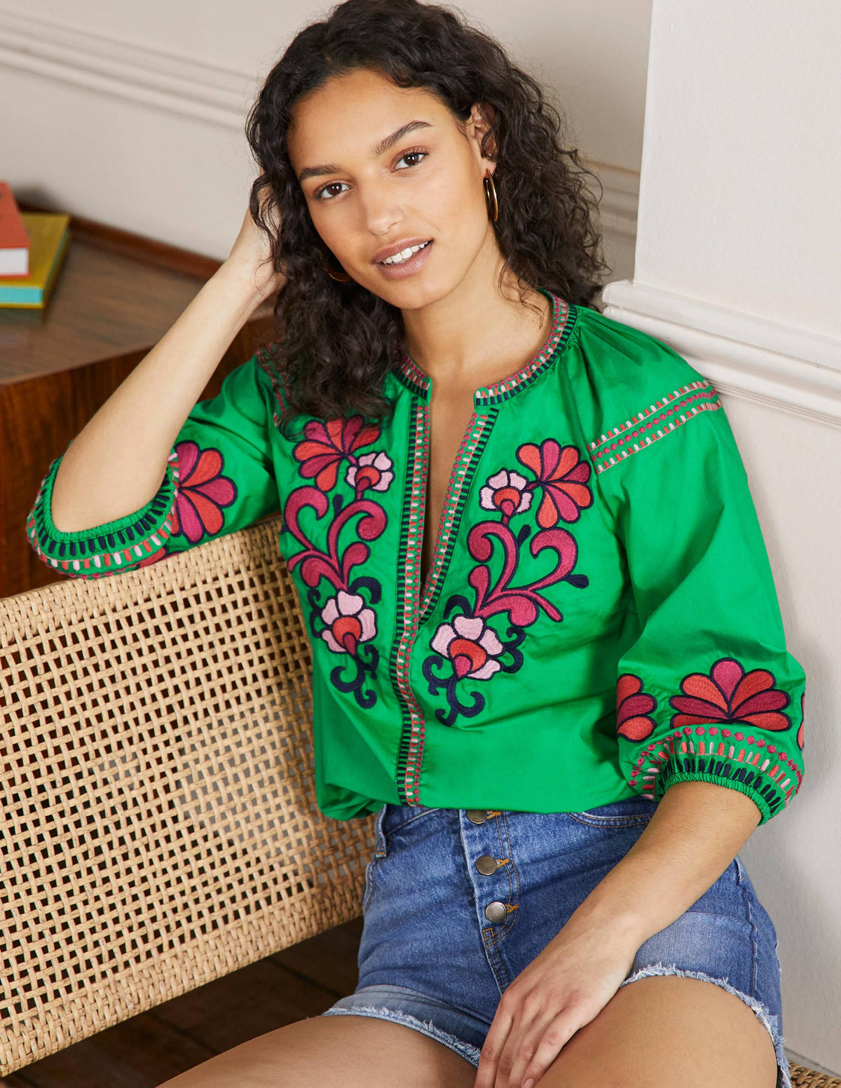 Louise Mid Sleeve Popover-Rich Emerald - Image 1