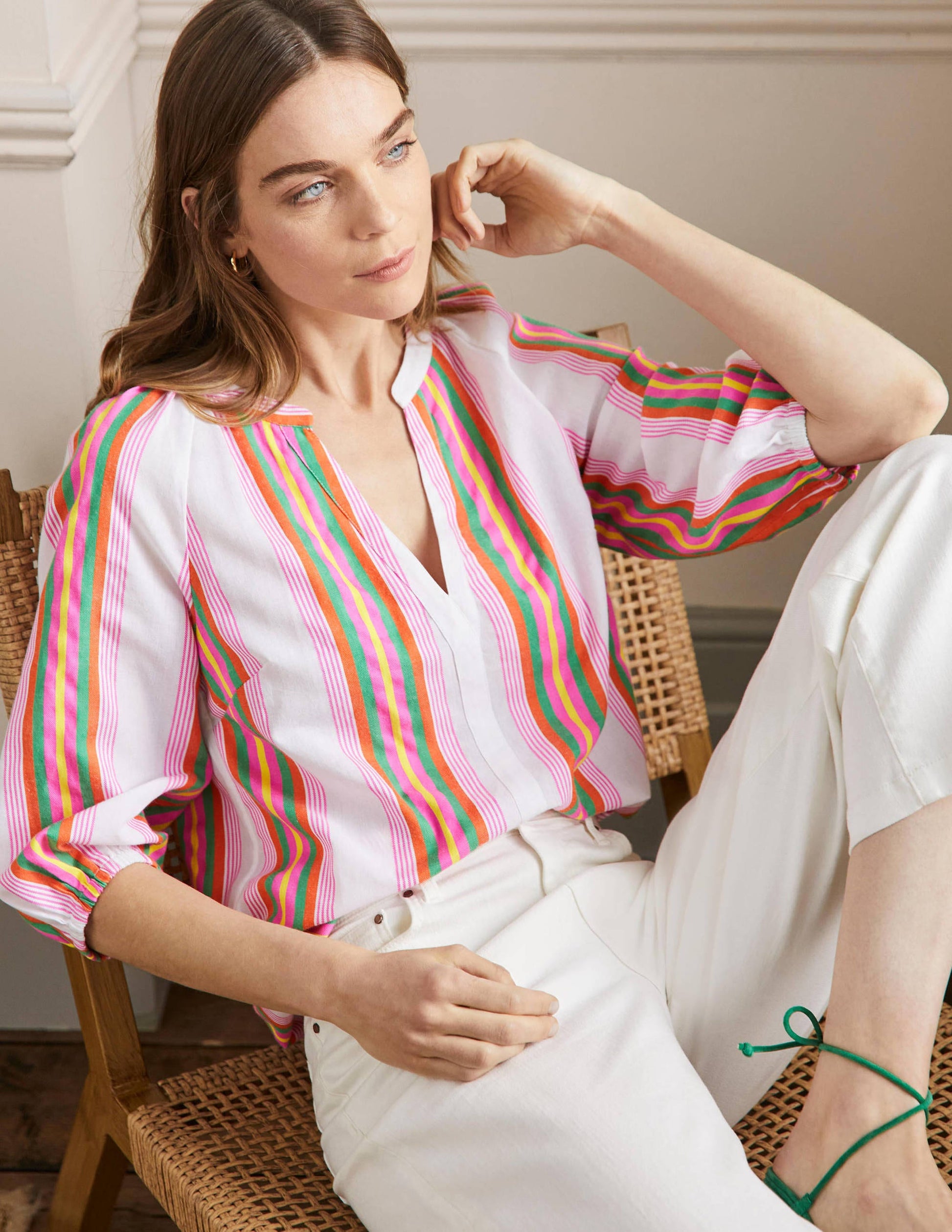 Louise Mid Sleeve Popover-Tropical Woven Rainbow Stripe-4