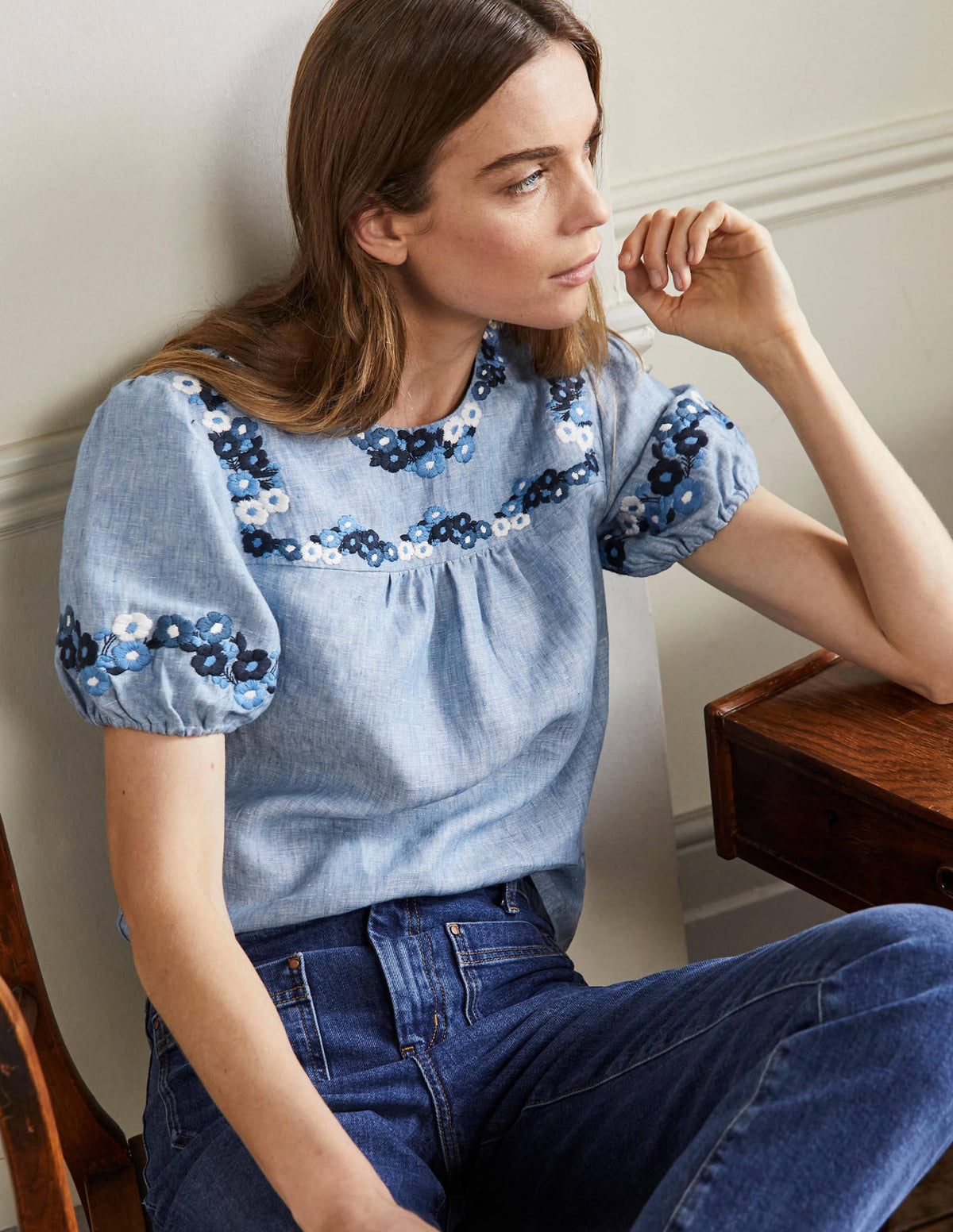 Embroidered Linen Top-Chambray - Image 1
