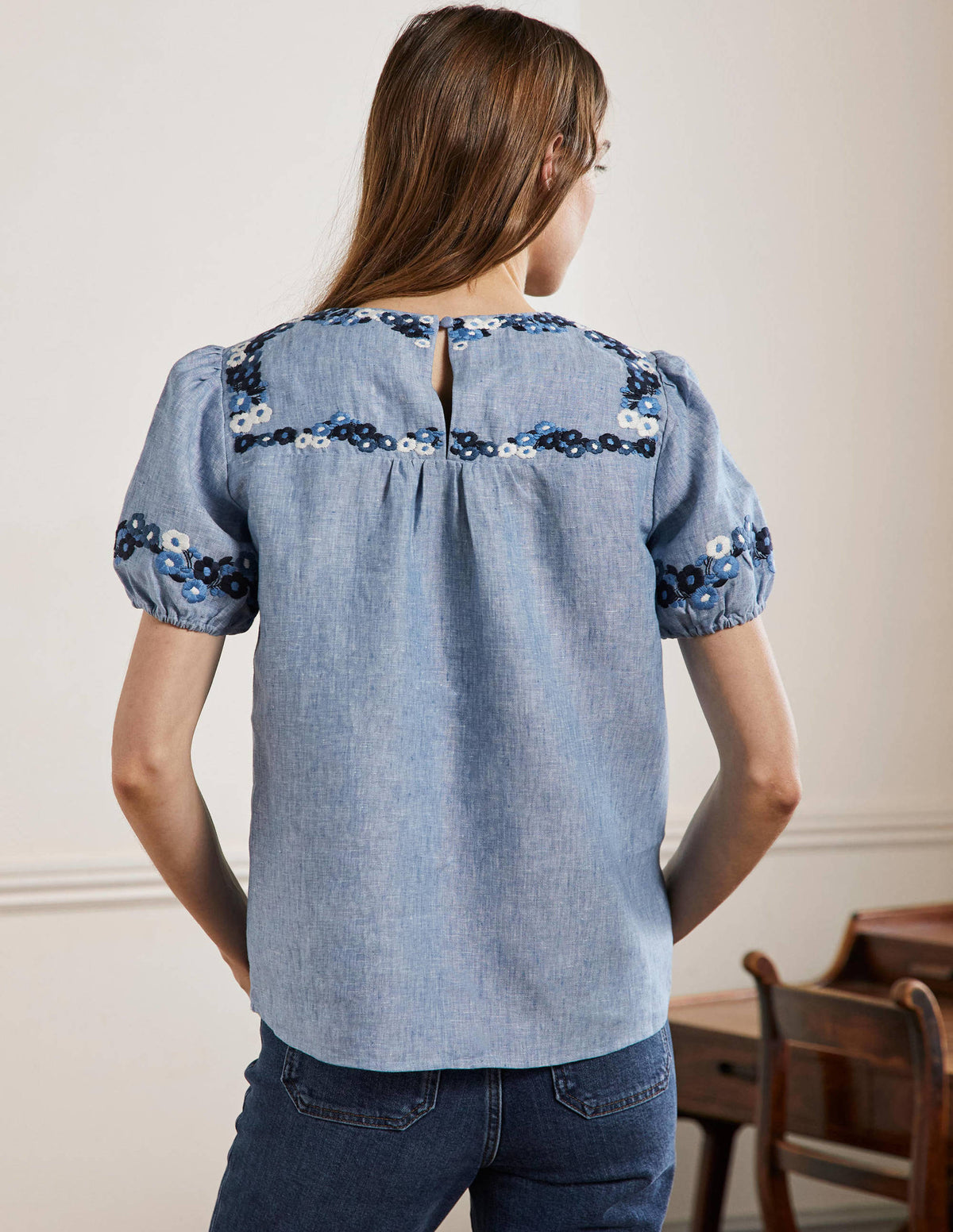 Embroidered Linen Top-Chambray-3