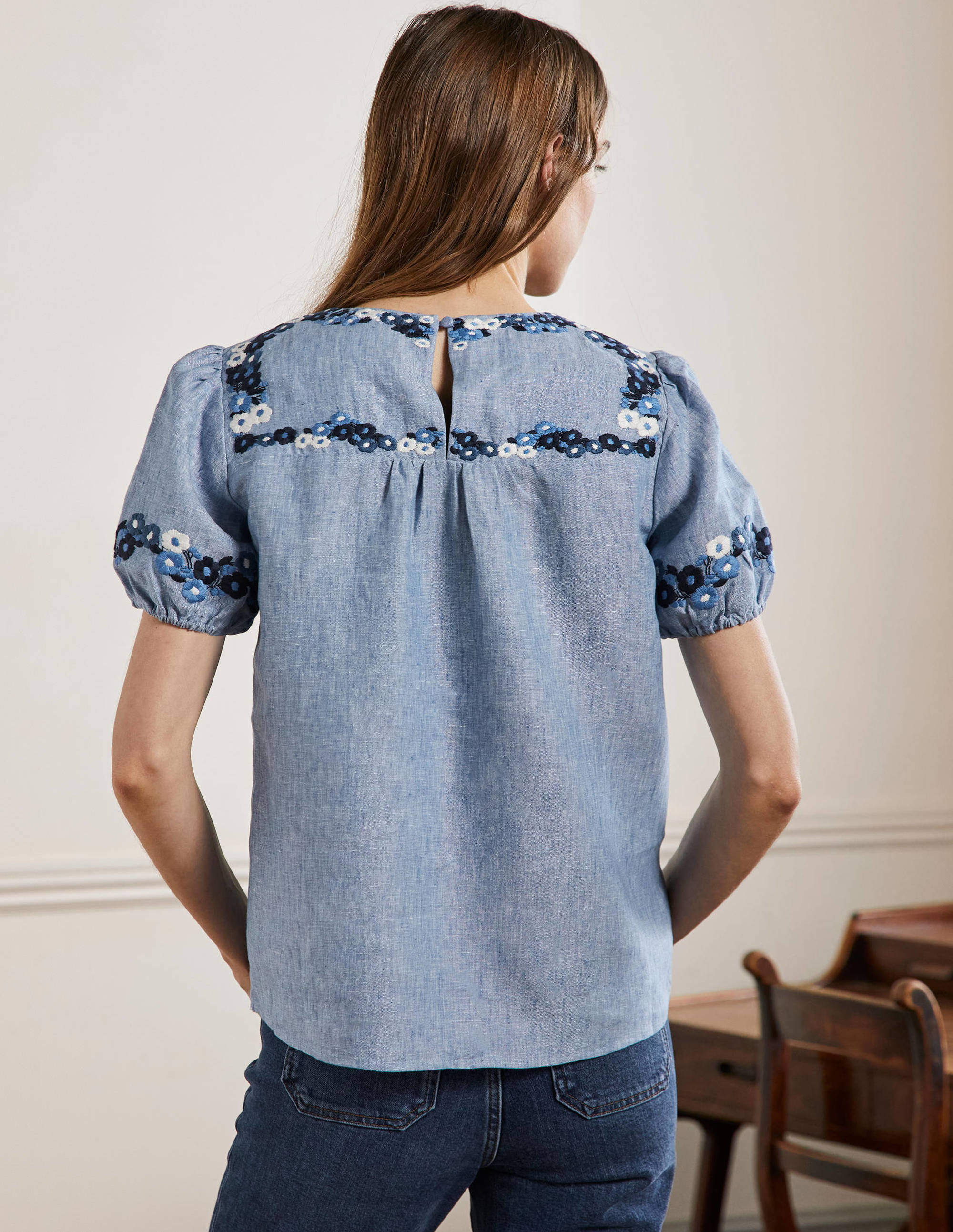 Embroidered Linen Top-Chambray - Image 3