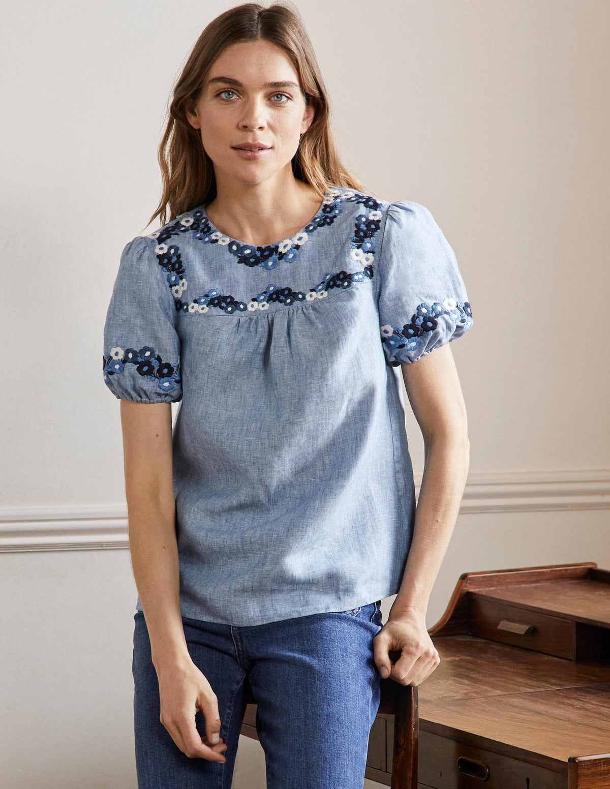 Embroidered Linen Top-Chambray - Image 4