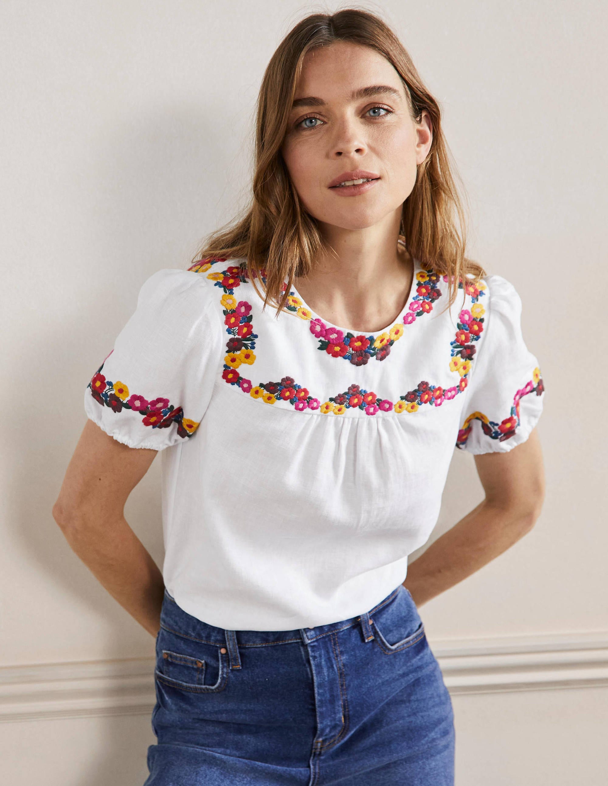 Embroidered Linen Top-White - Image 1