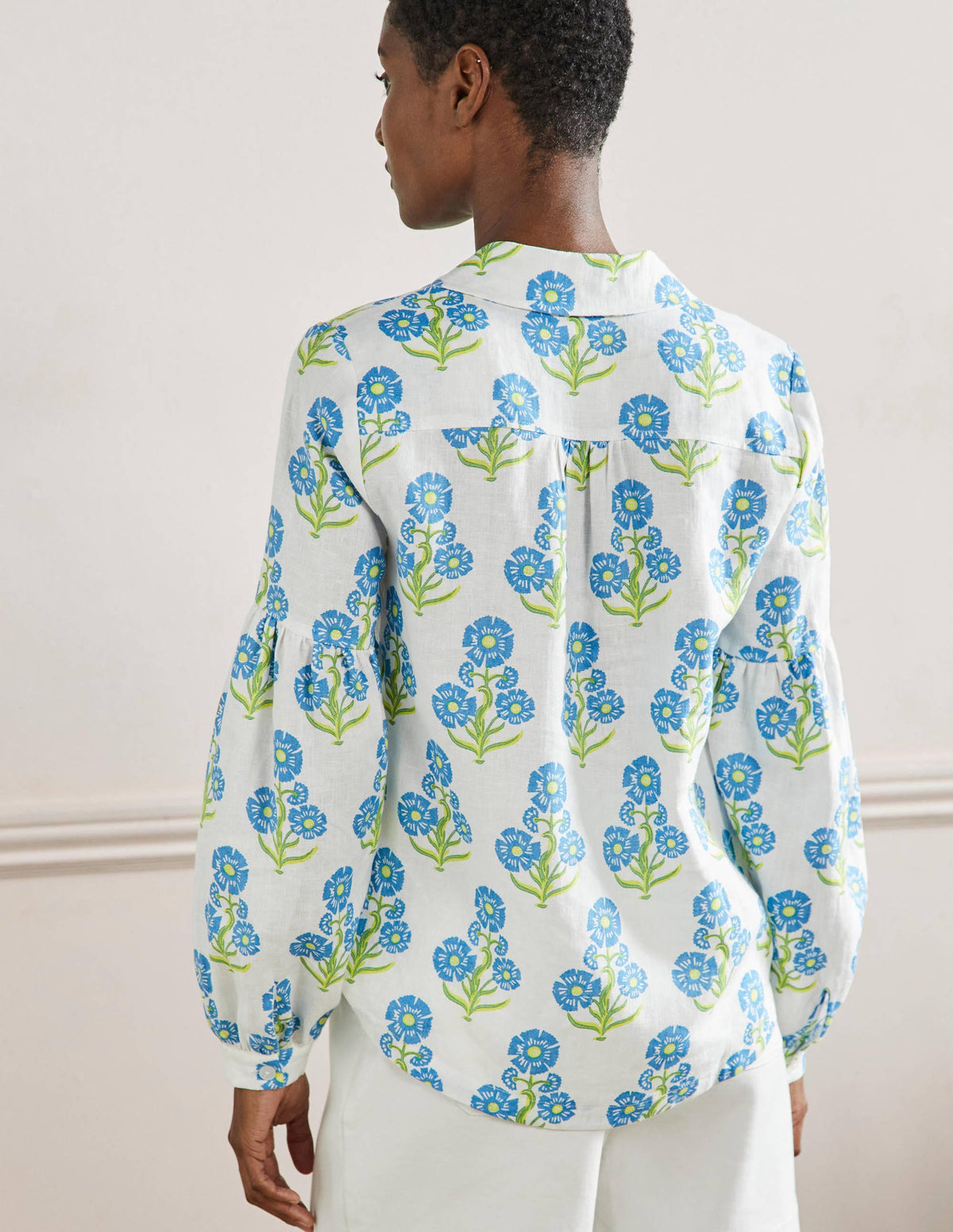 Anna Blouson Linen Shirt-Molly Mahon Flower Woodblock - Image 7