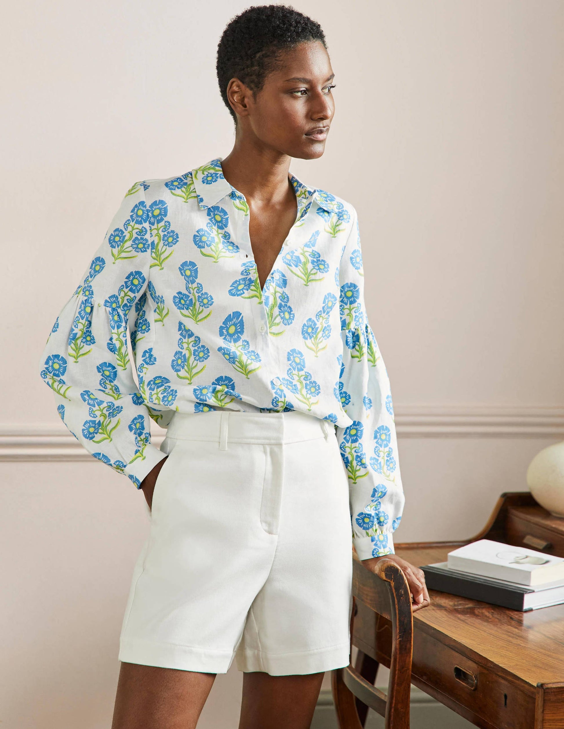 Anna Blouson Linen Shirt-Molly Mahon Flower Woodblock-8