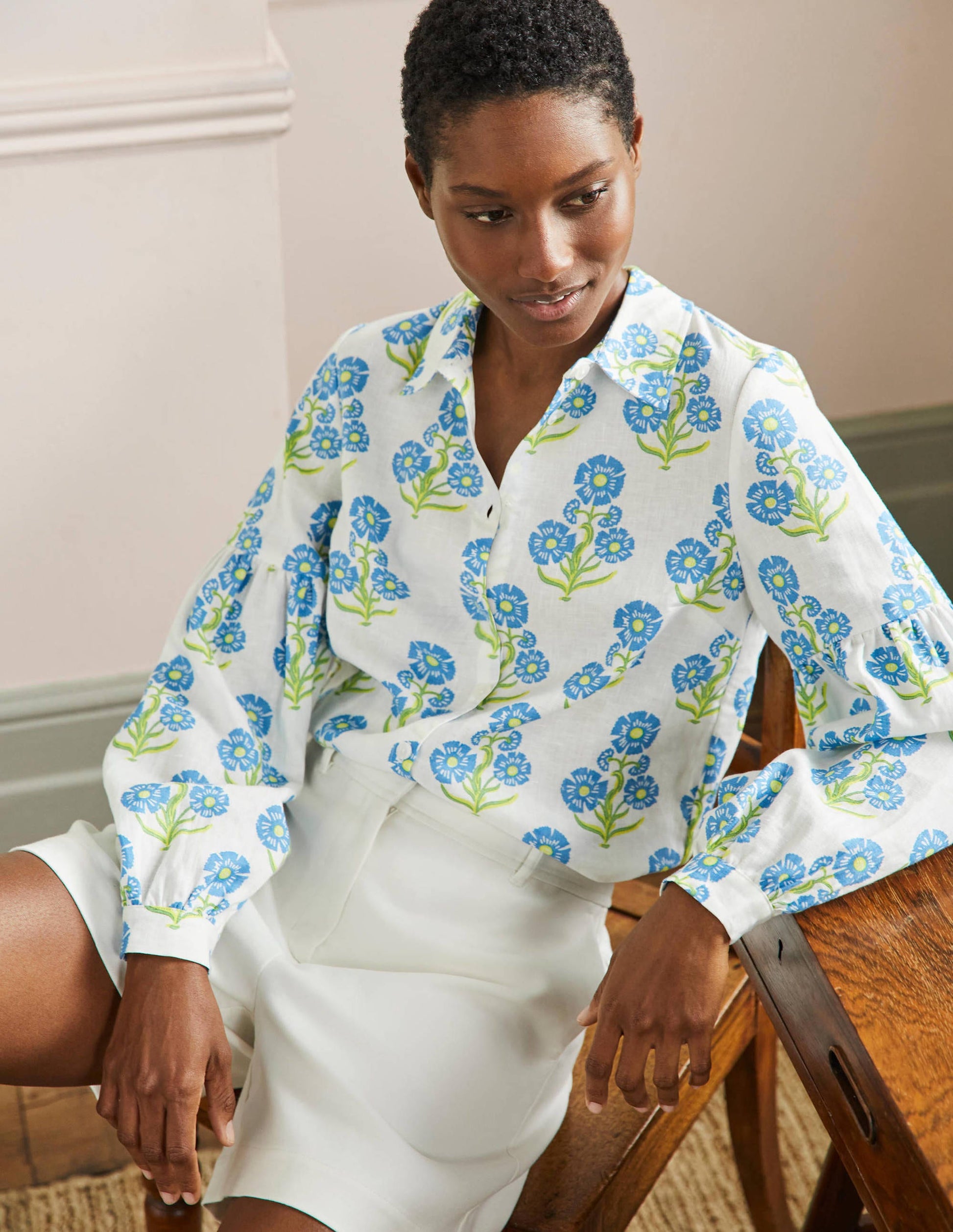 Anna Blouson Linen Shirt-Molly Mahon Flower Woodblock-1