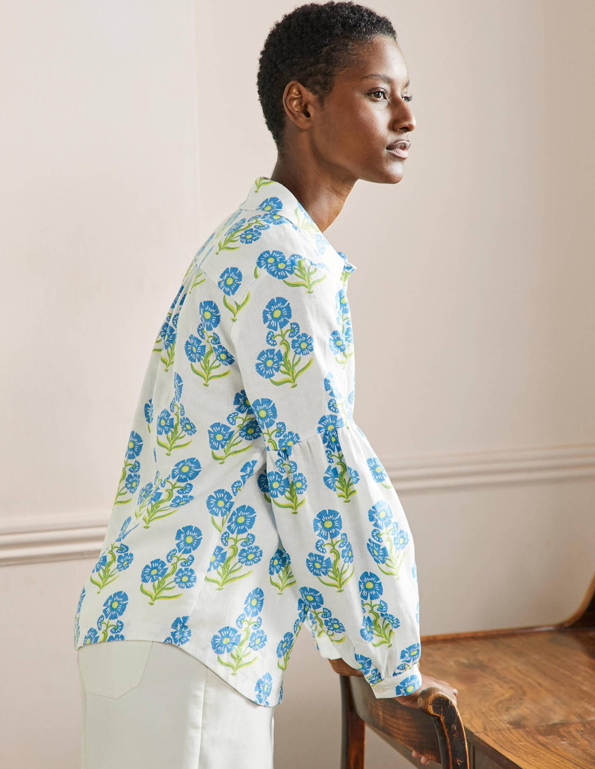 Anna Blouson Linen Shirt-Molly Mahon Flower Woodblock - Image 5