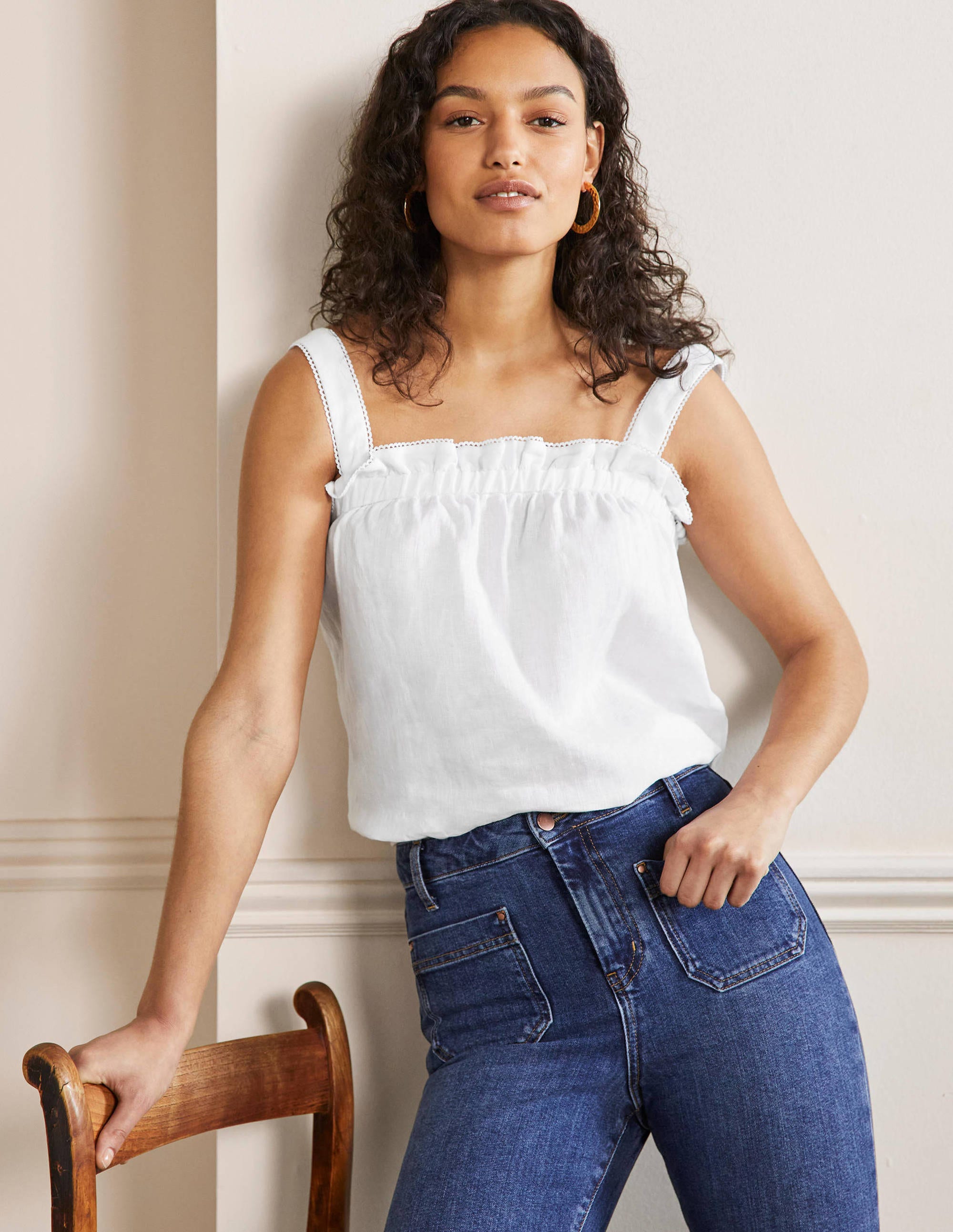 Ruffle Detail Linen Top-White - Image 1