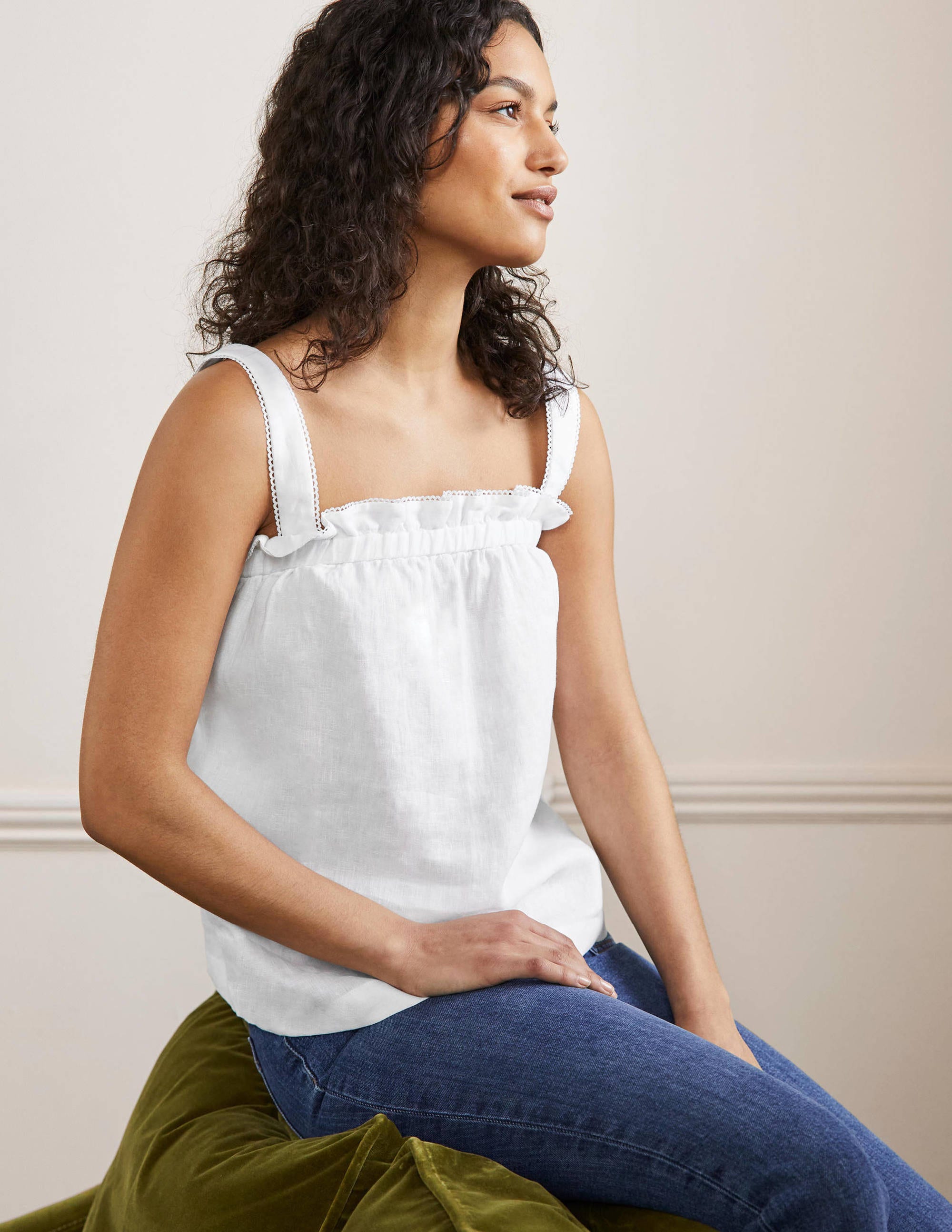 Ruffle Detail Linen Top-White - Image 4