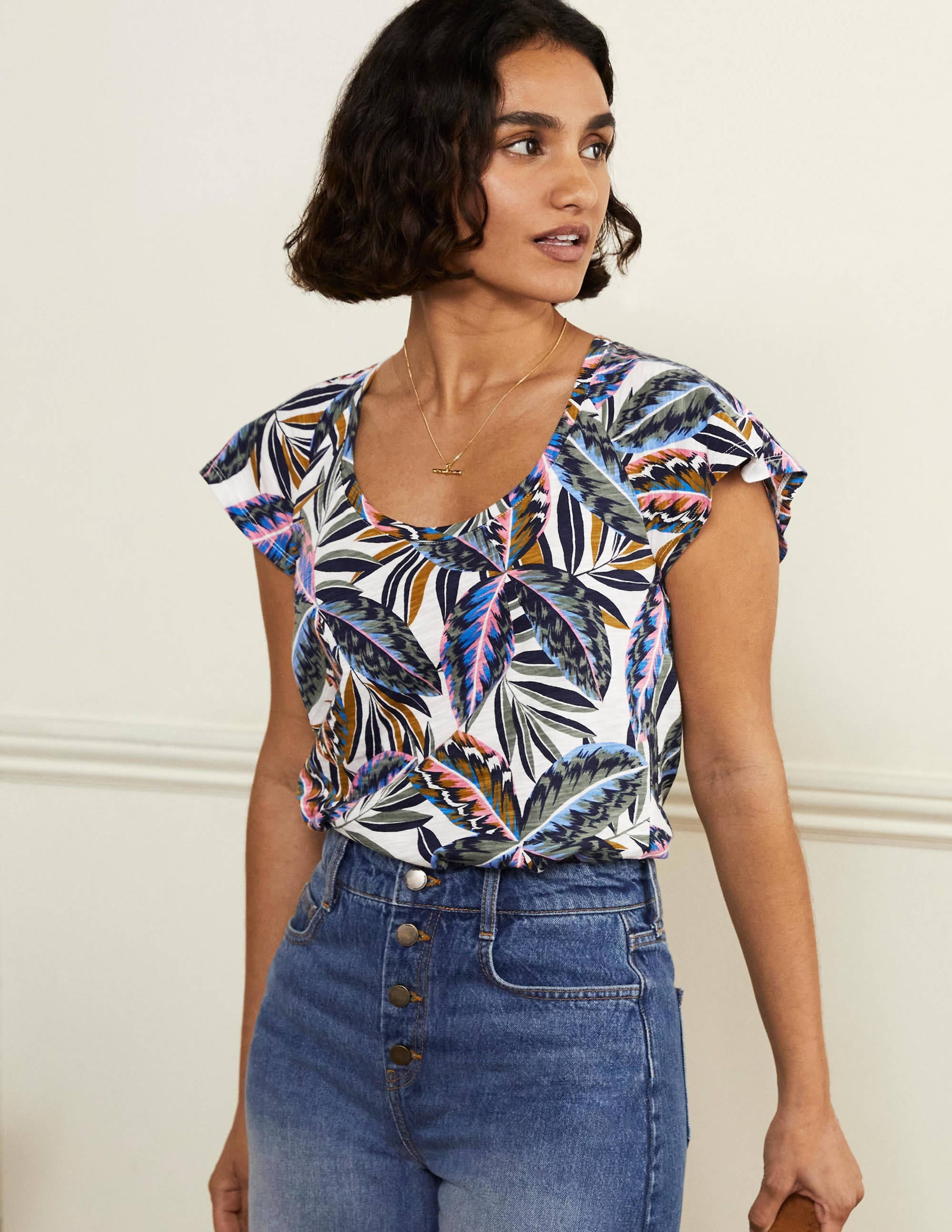 Scoop Flutter Sleeve T-Shirt-Multi, Exotic Leaves - Image 1