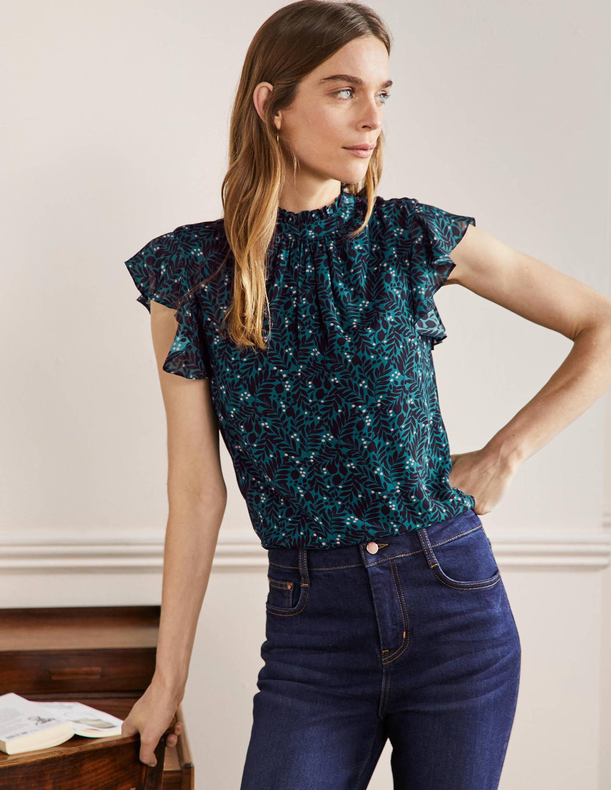 High Neck Sleeveless Top-Black, Lemon Foliage-1