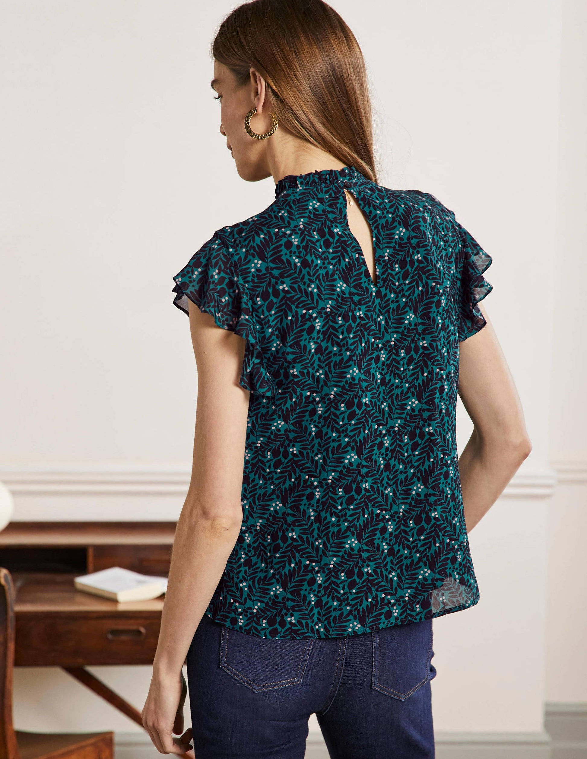 High Neck Sleeveless Top-Black, Lemon Foliage-3