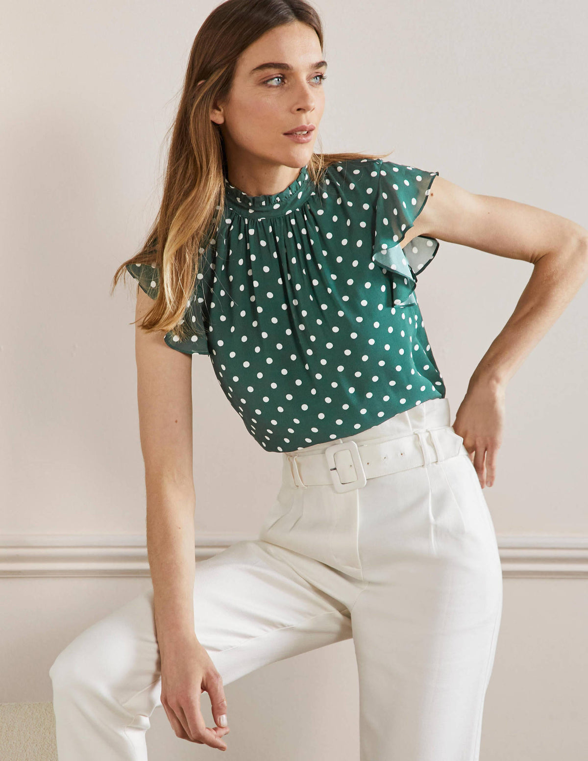 High Neck Sleeveless Top-Trekking Green, Regular Dot - Image 1