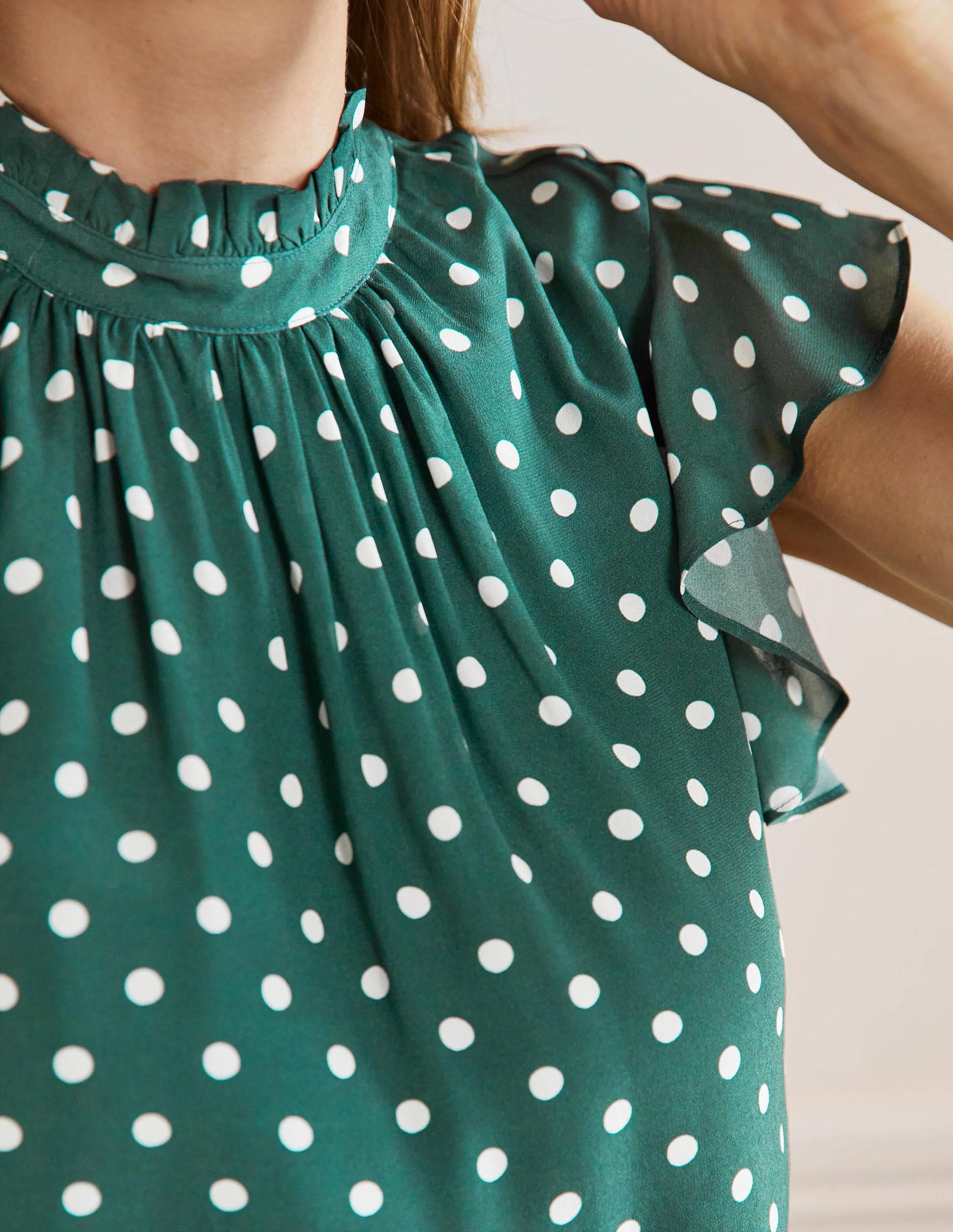 High Neck Sleeveless Top-Trekking Green, Regular Dot-2