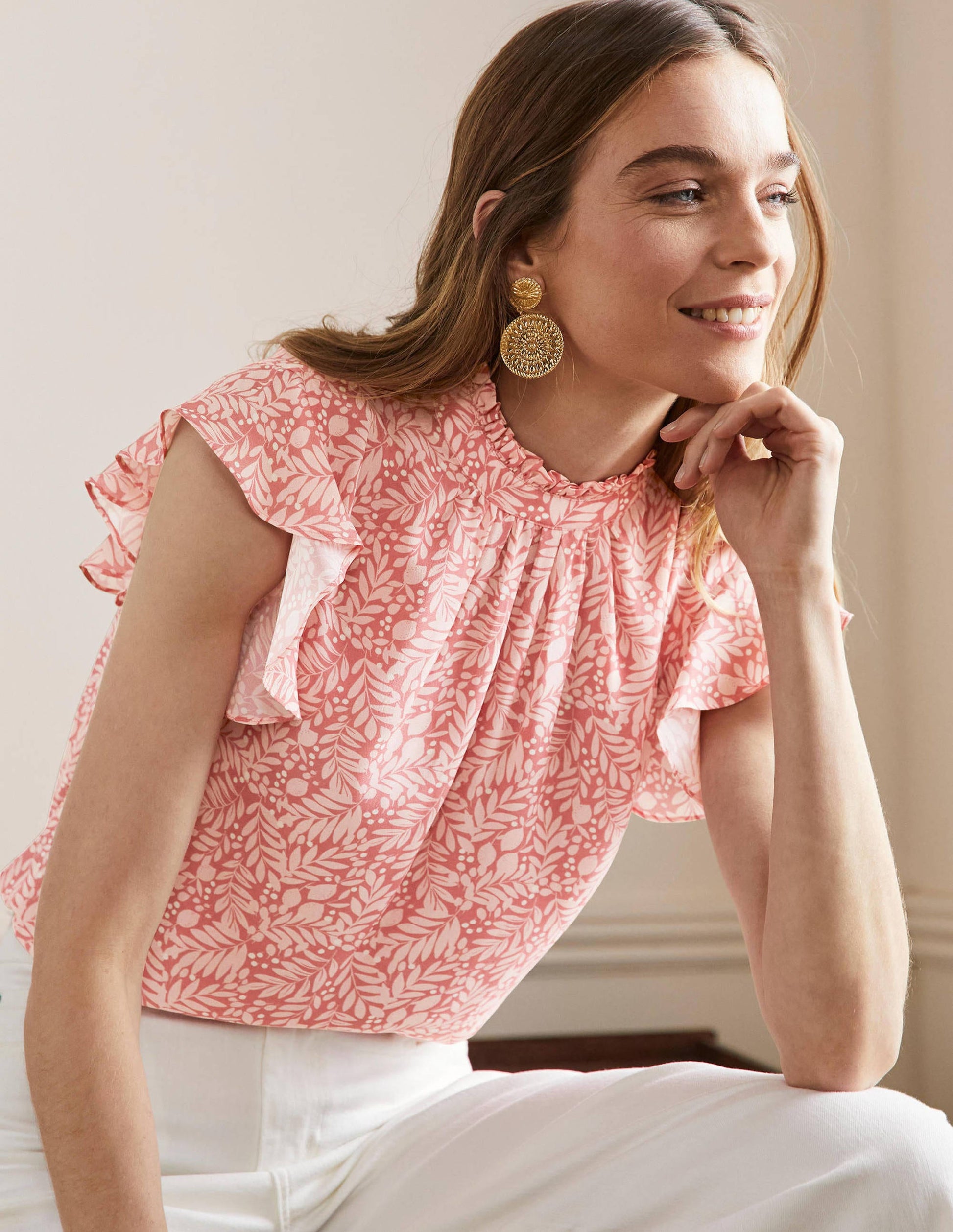 High Neck Sleeveless Top-Milkshake, Lemon Foliage-1