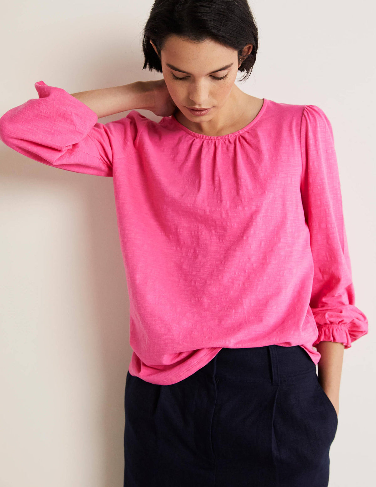 Blouson Cotton Crew Neck Top-Festival Pink-1