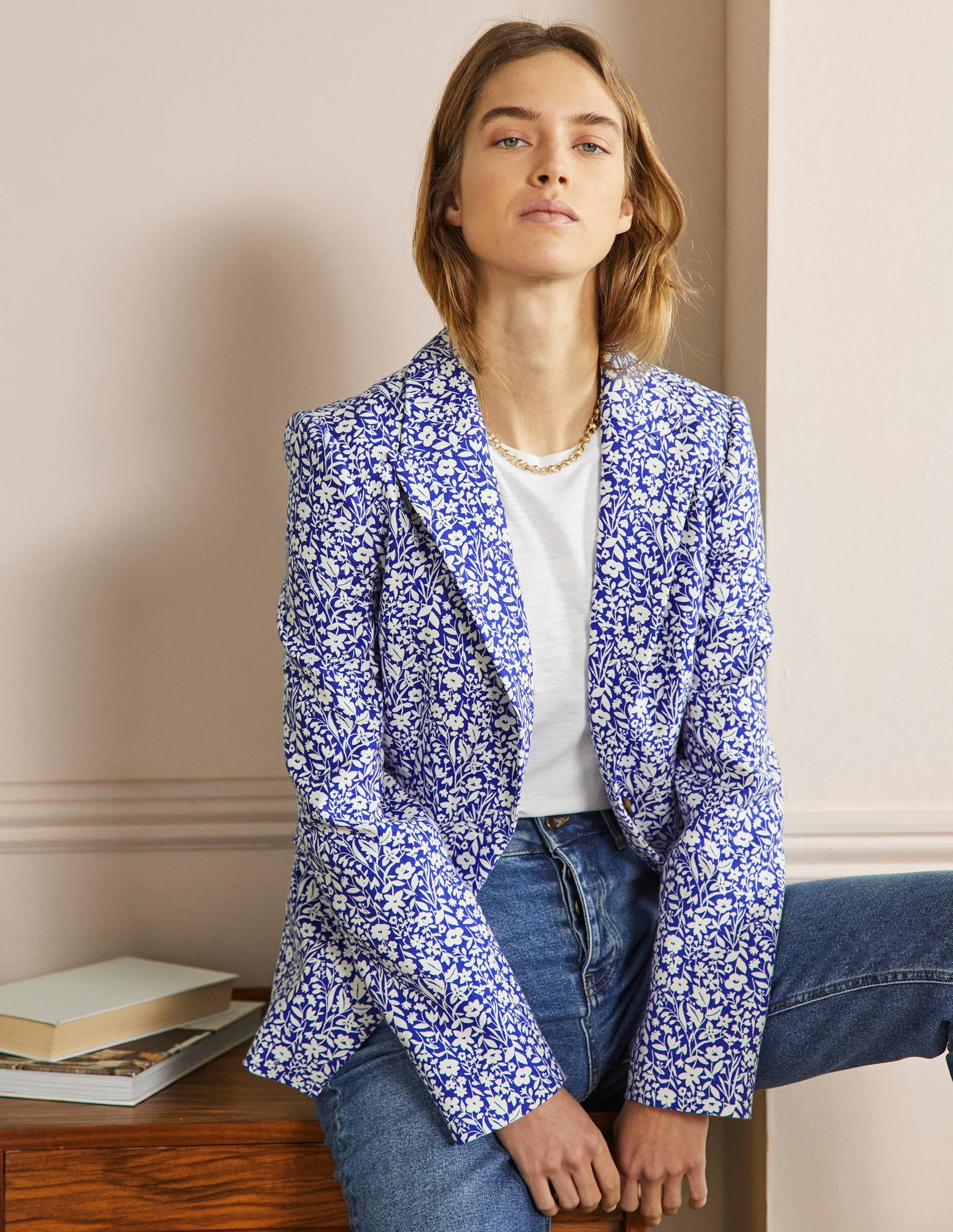 Carrie Textured Cotton Blazer-Ocean Blue/Ivory Wildflower - Image 1