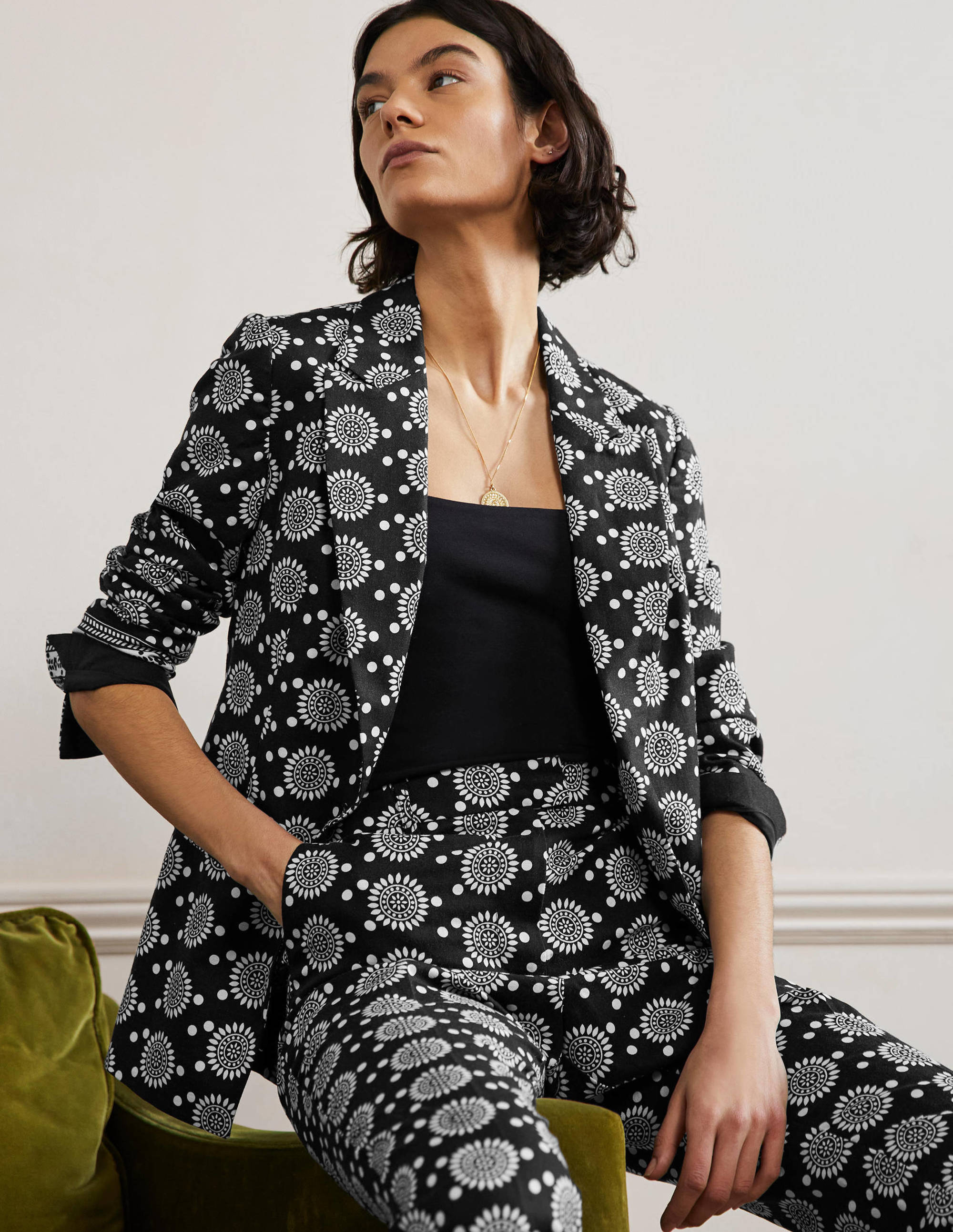 Thea Tailored Linen Blazer-Black, Sun Geo - Image 1