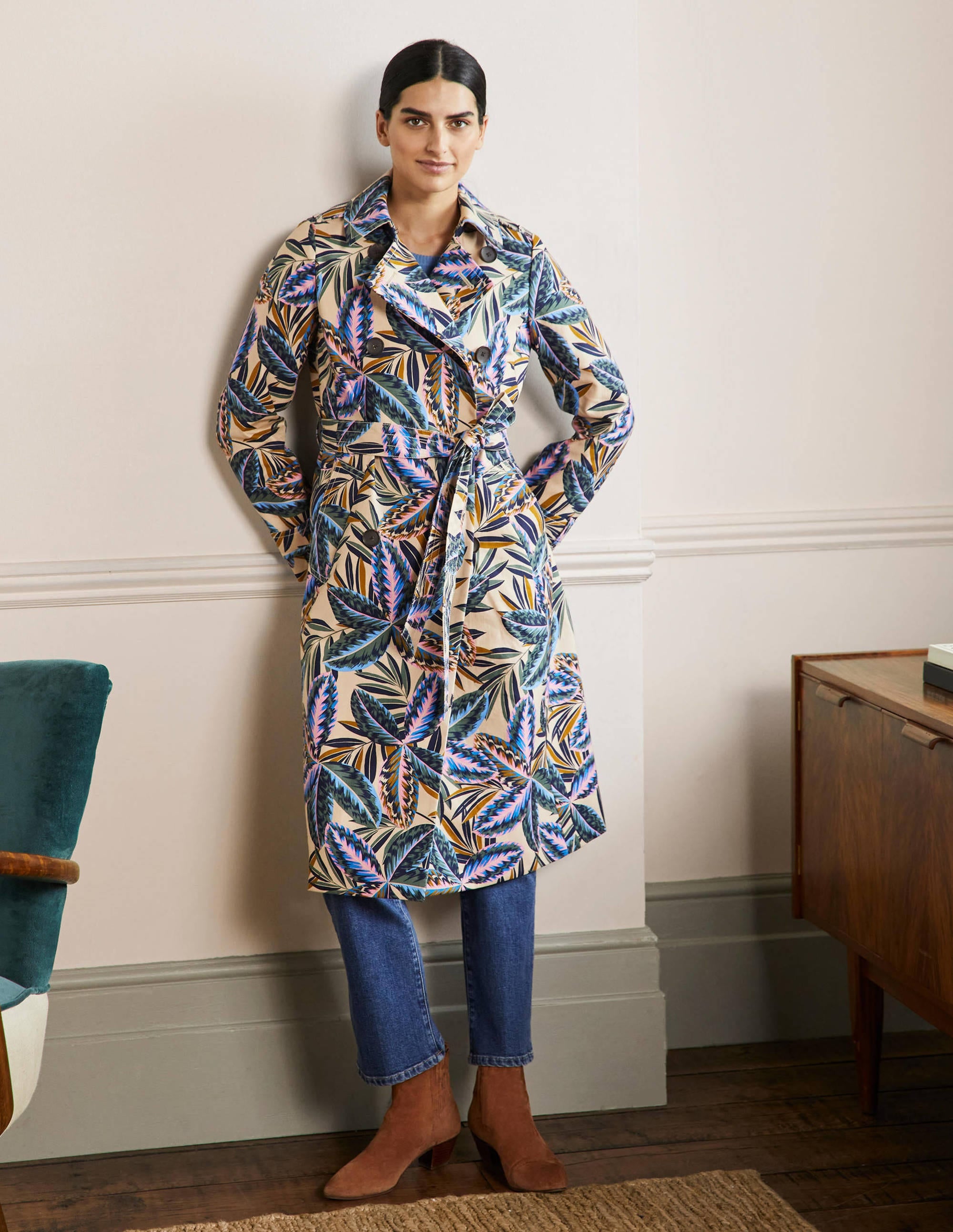 Printed Cotton Trench Coat-Rope, Exotic Leaves - Image 1