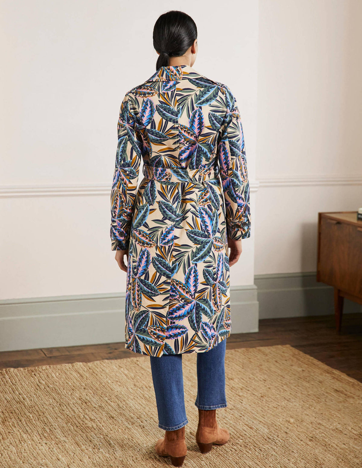 Printed Cotton Trench Coat-Rope, Exotic Leaves-3